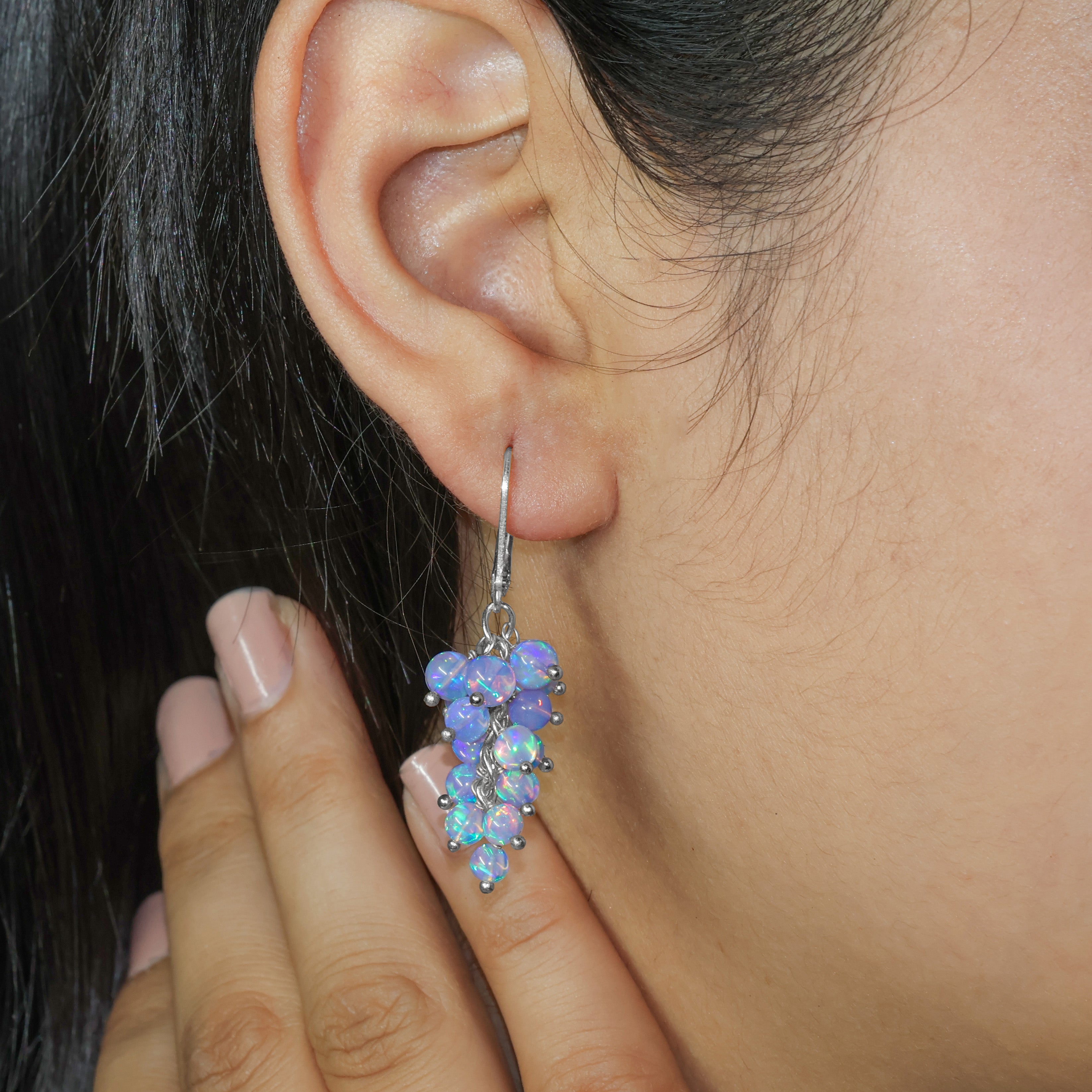 Multifire Lavender Opal Round Beads Cluster Earrings for Her