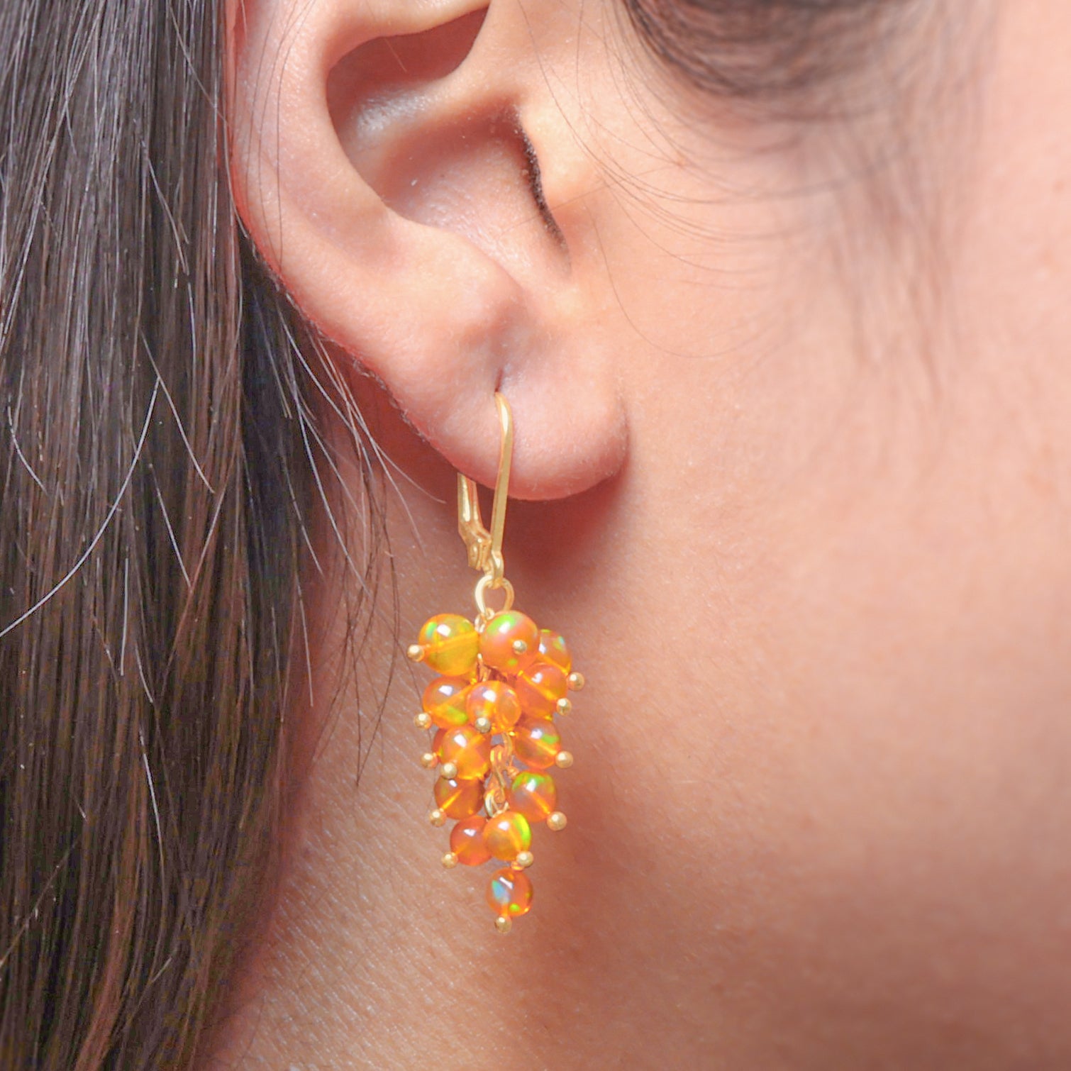 Orange Fire Opal Round Beads Cluster Earrings for Her