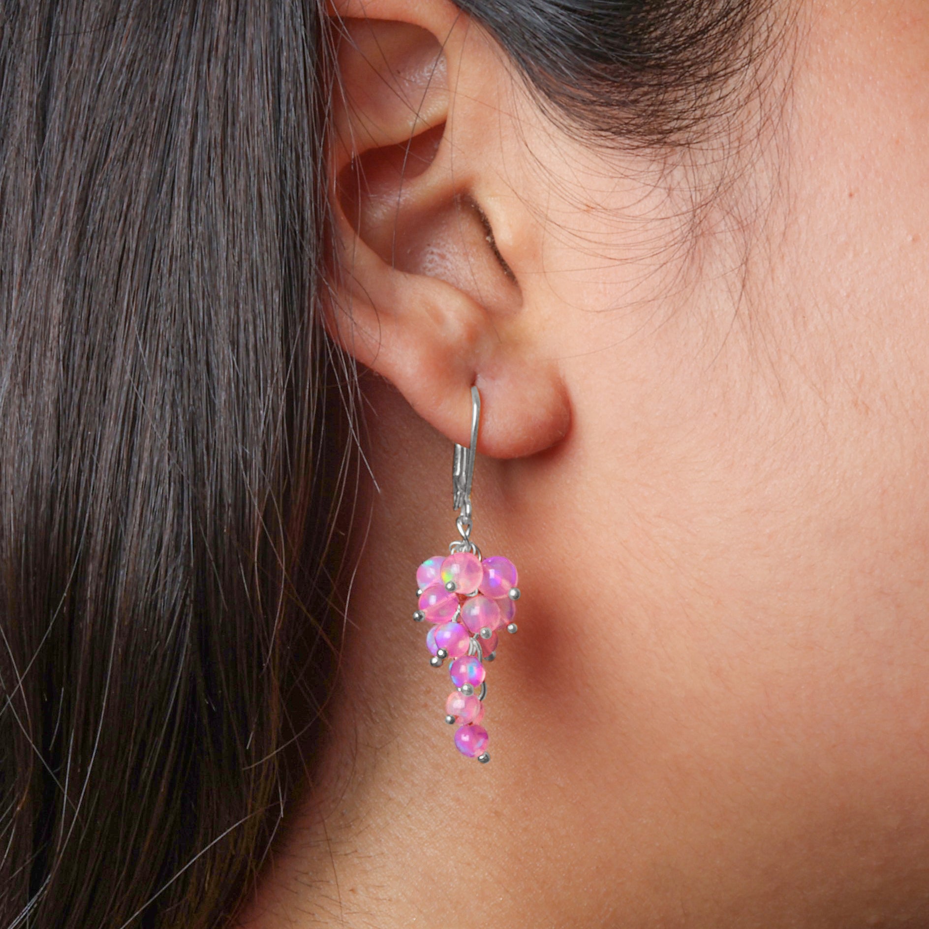 Genuine Pink Opal Round Beads Cluster Earrings for Her