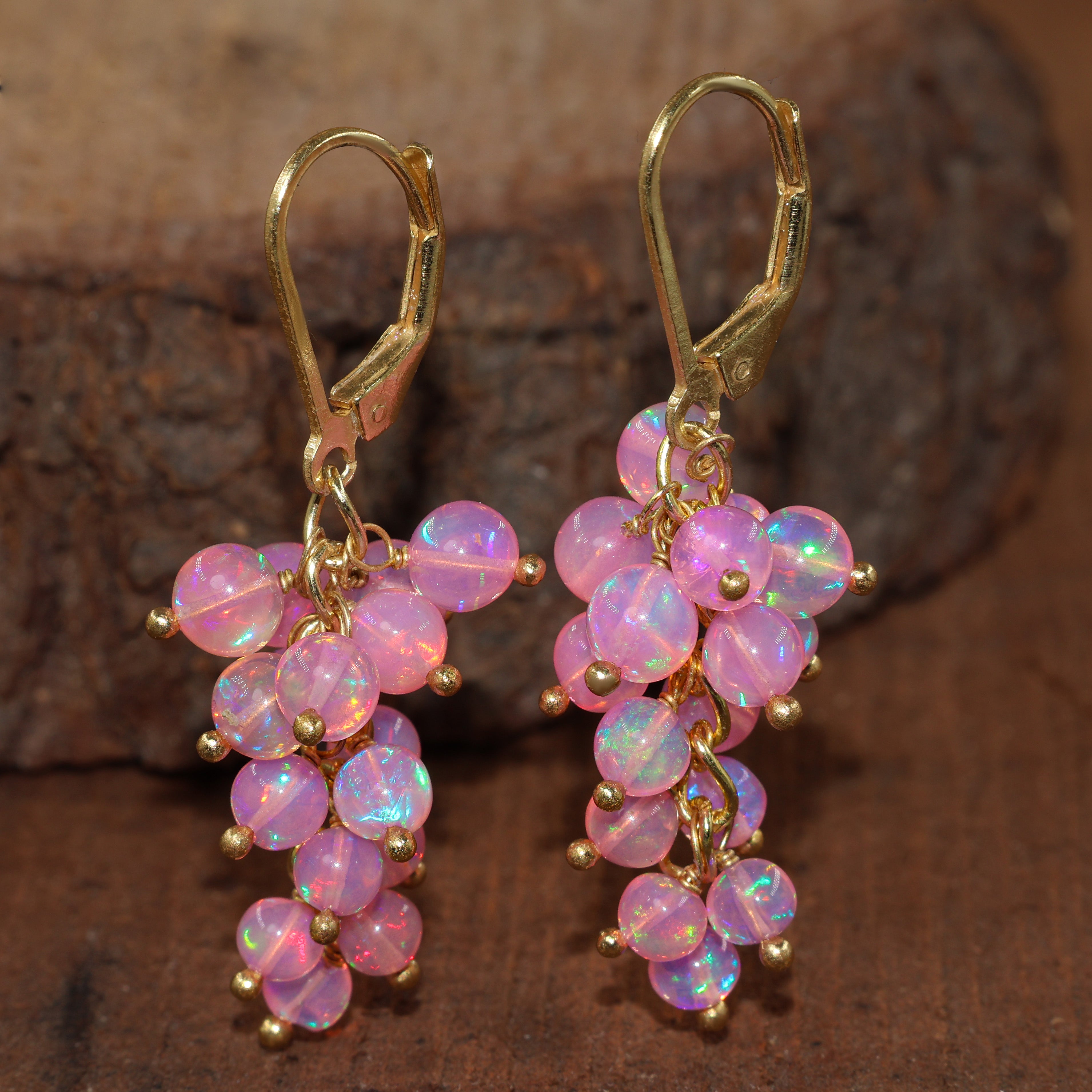 Genuine Pink Opal Round Beads Cluster Earrings for Her