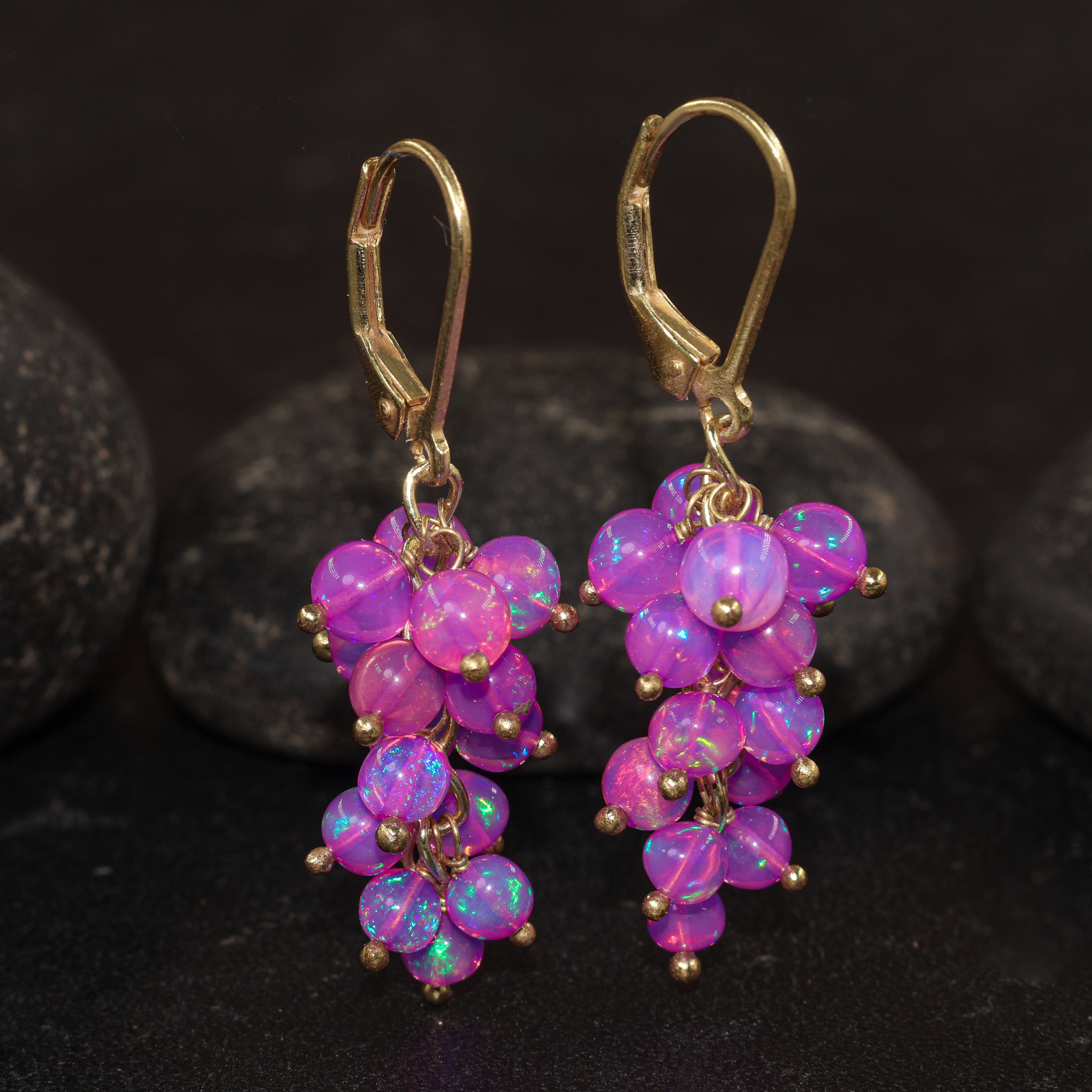 Fire Purple Opal Round Beads Cluster Earrings for Her