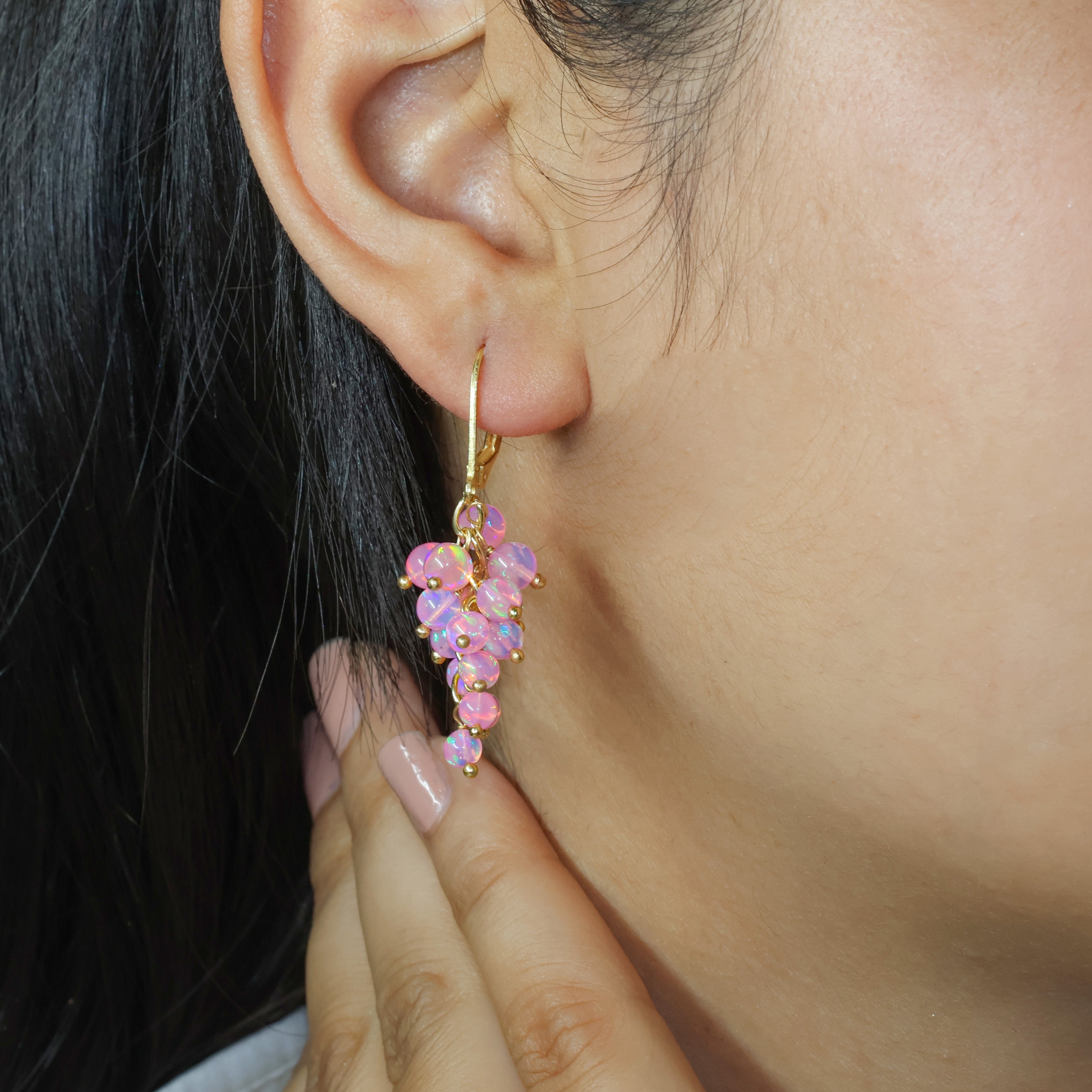 Fire Purple Opal Round Beads Cluster Earrings for Her
