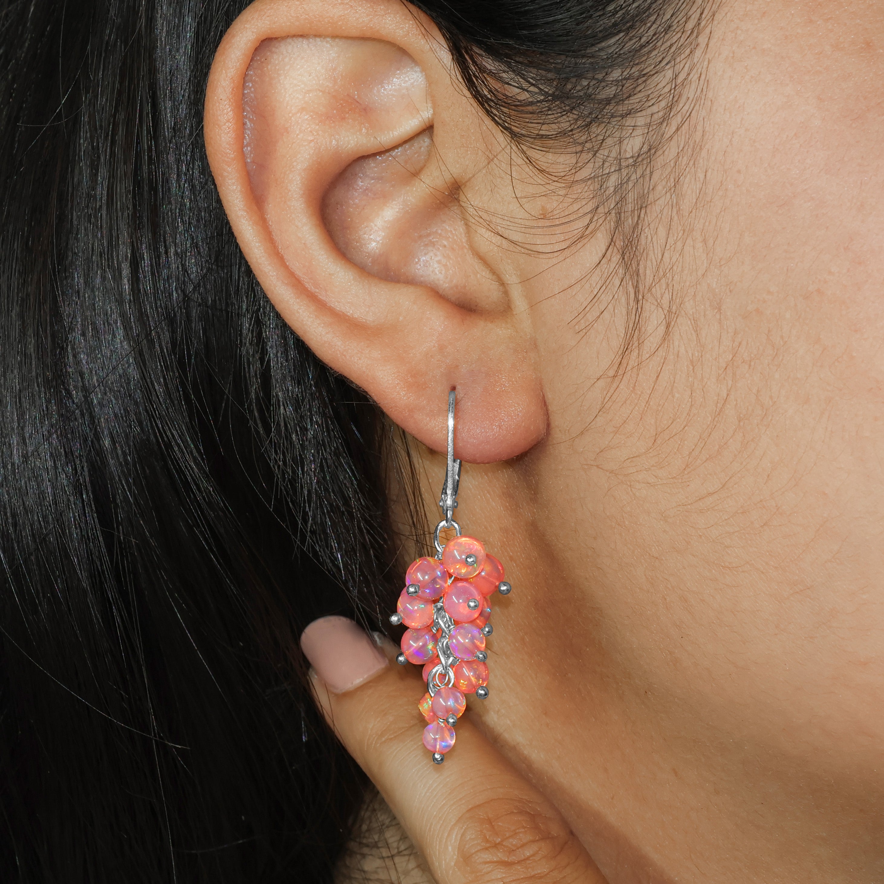 Multifire Red Opal Round Beads Cluster Earrings for Her