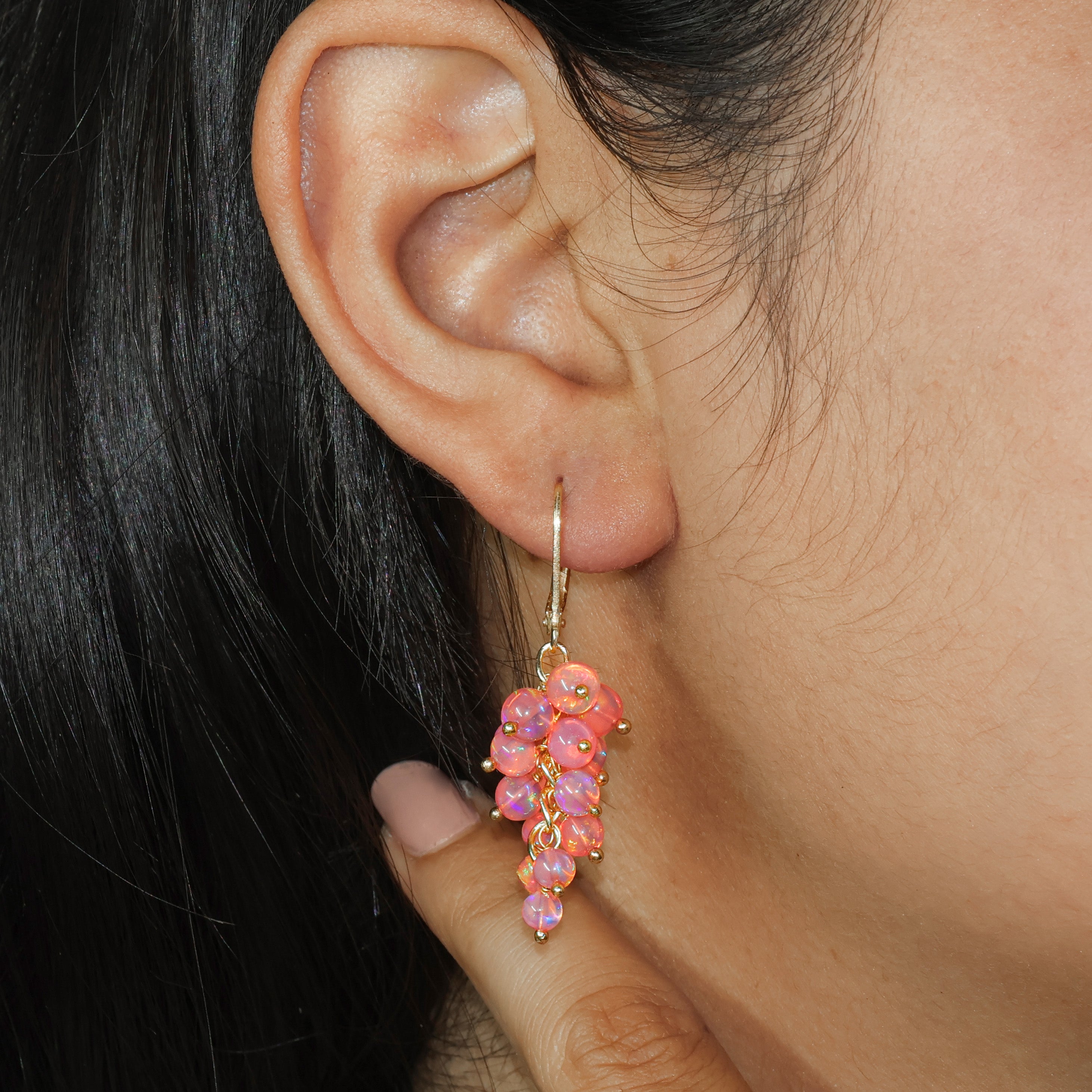Multifire Red Opal Round Beads Cluster Earrings for Her