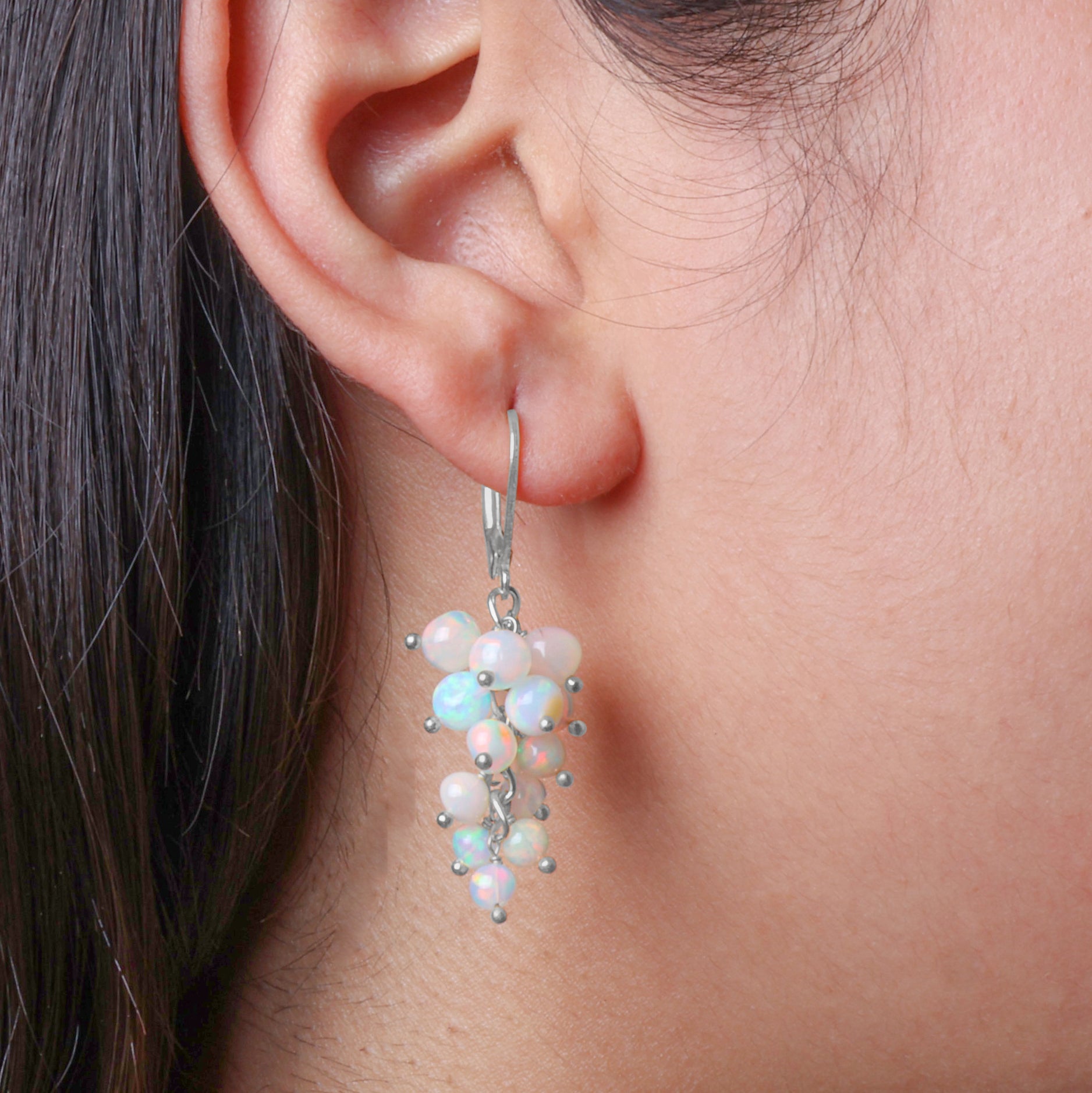 Ethiopian White Opal Round Beads Cluster Earrings for Her