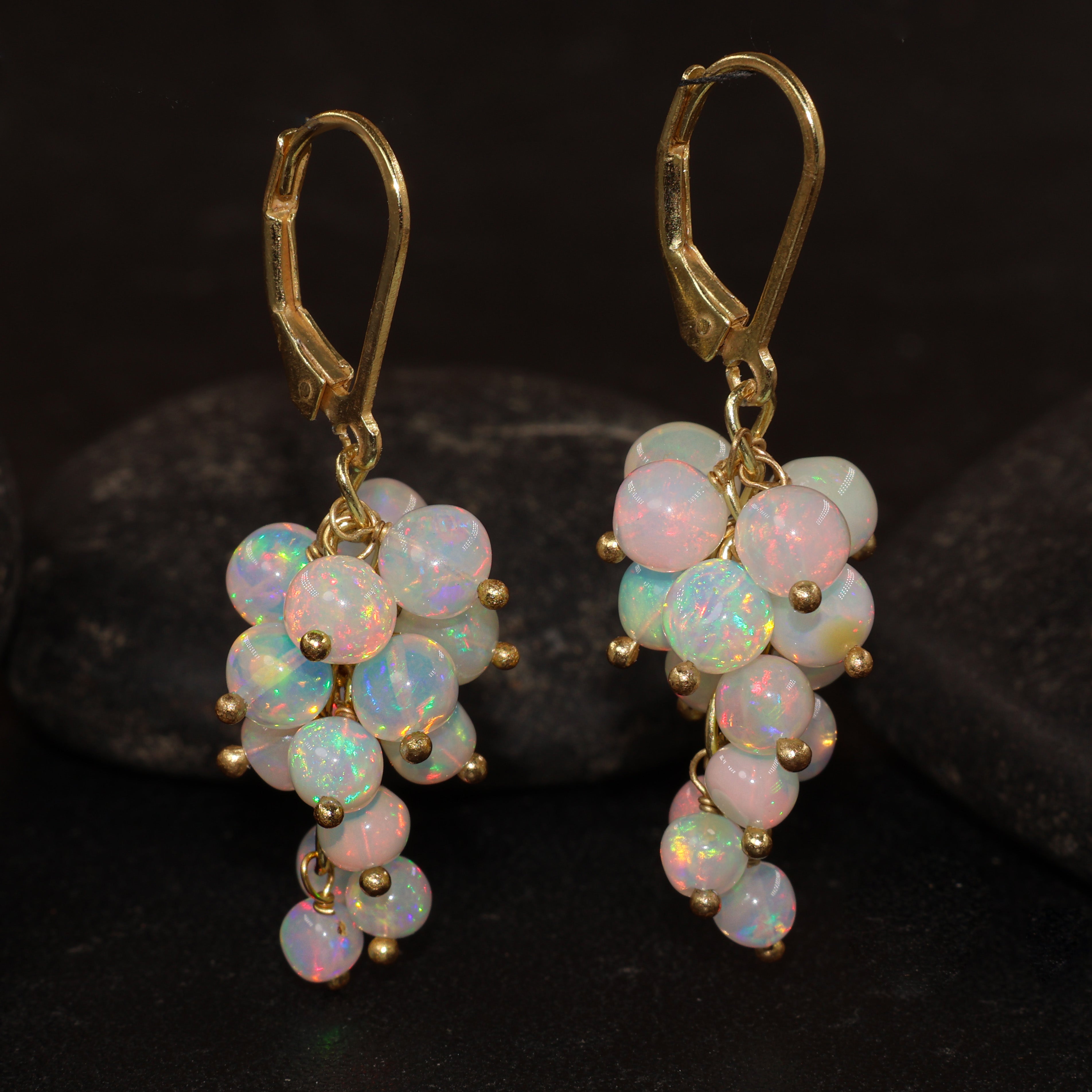 Ethiopian White Opal Round Beads Cluster Earrings for Her