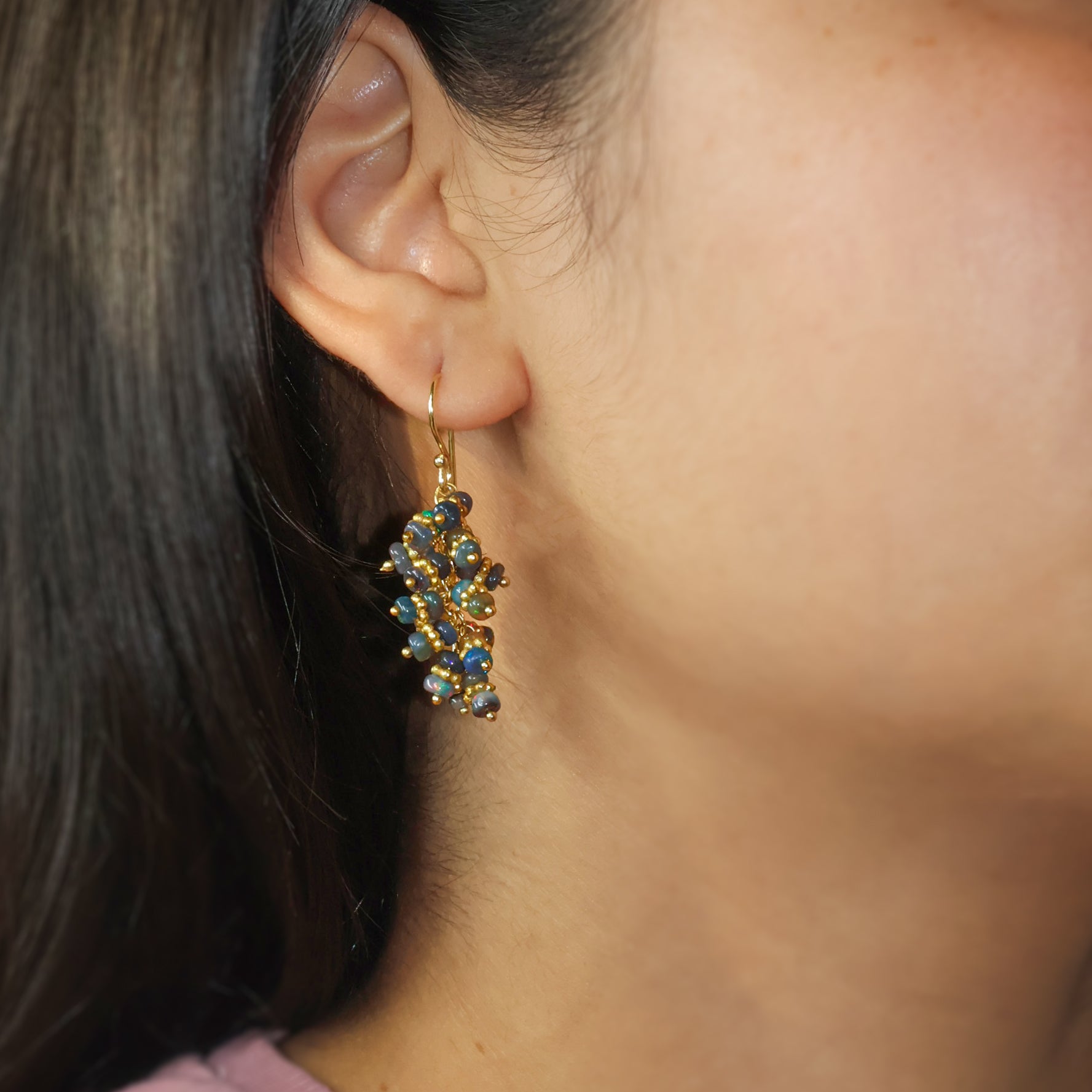 Fire Black Opal Beads Chakri Style Cluster Earrings
