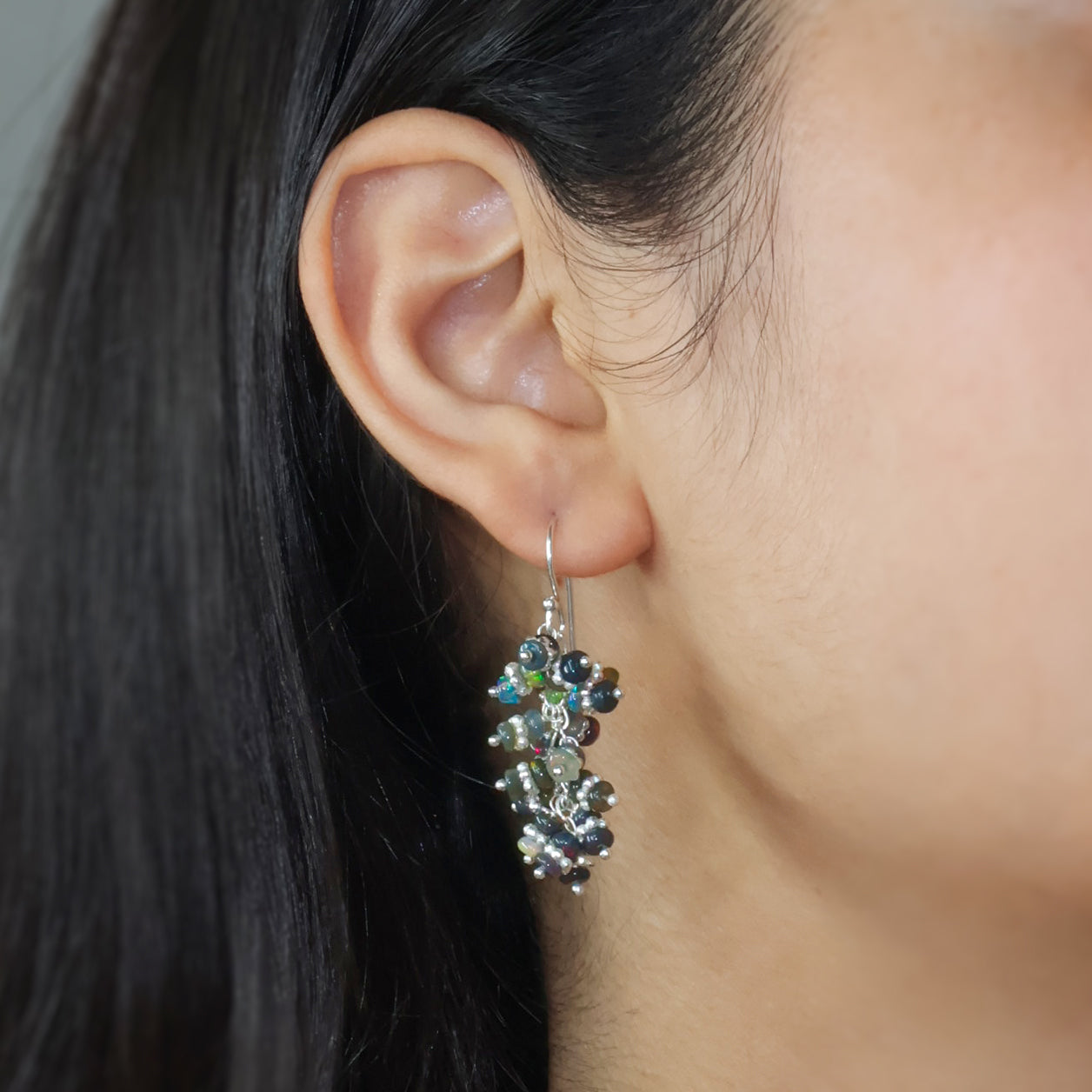 Fire Black Opal Beads Chakri Style Cluster Earrings