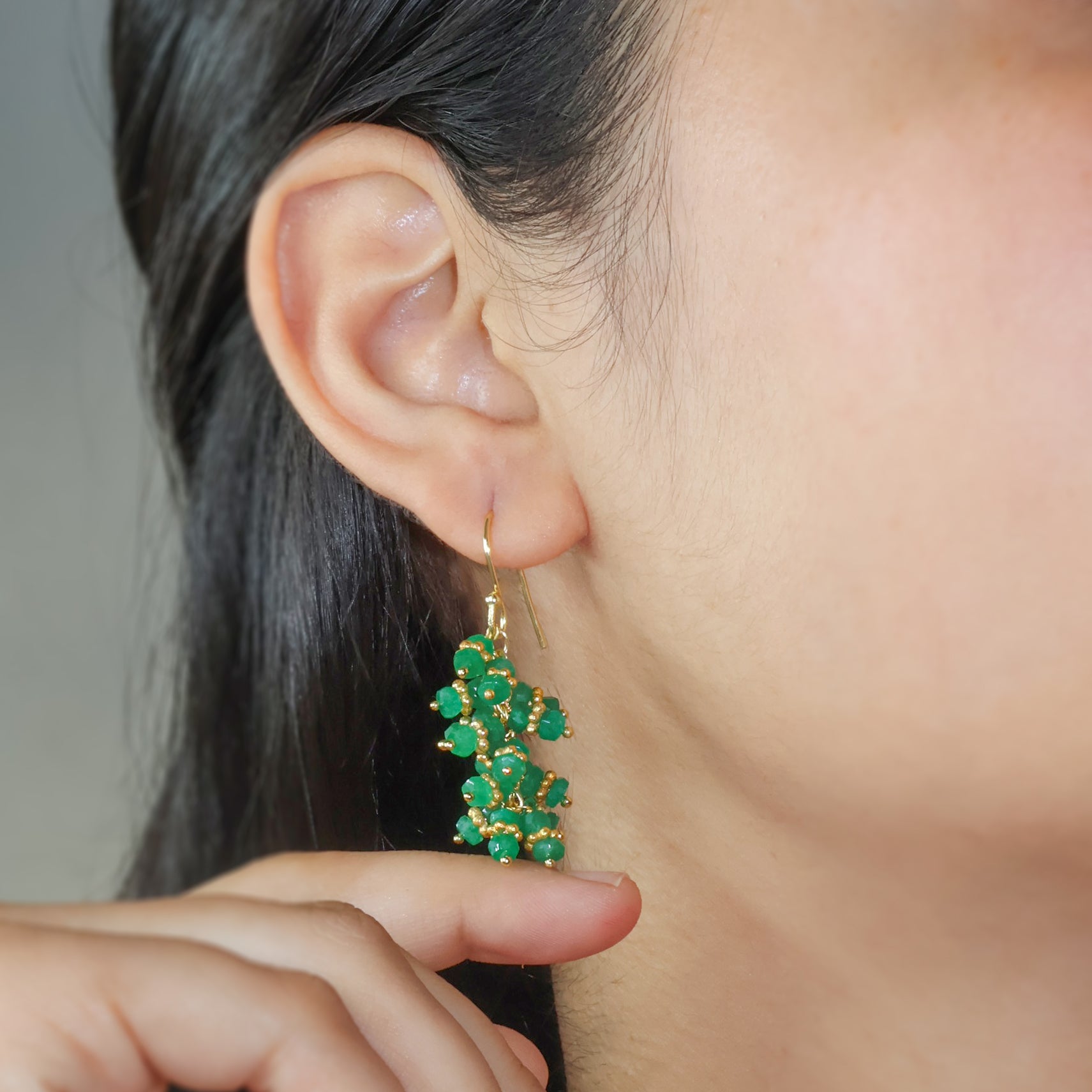 Emerald Gemtone Beads Chakri Style Cluster Earrings