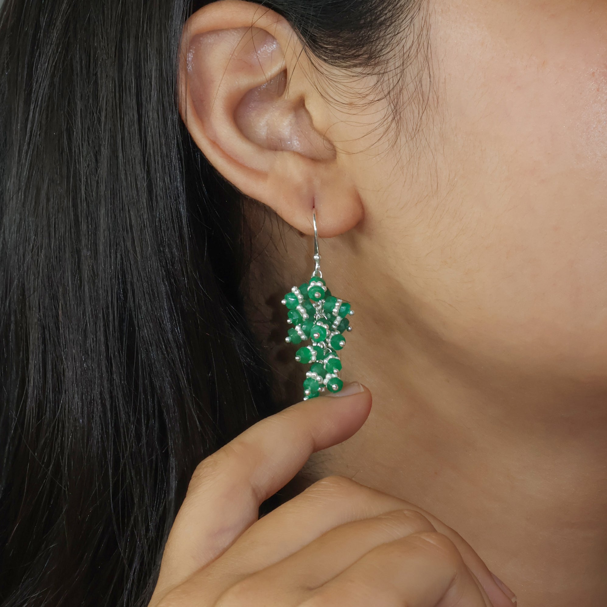 Emerald Gemtone Beads Chakri Style Cluster Earrings