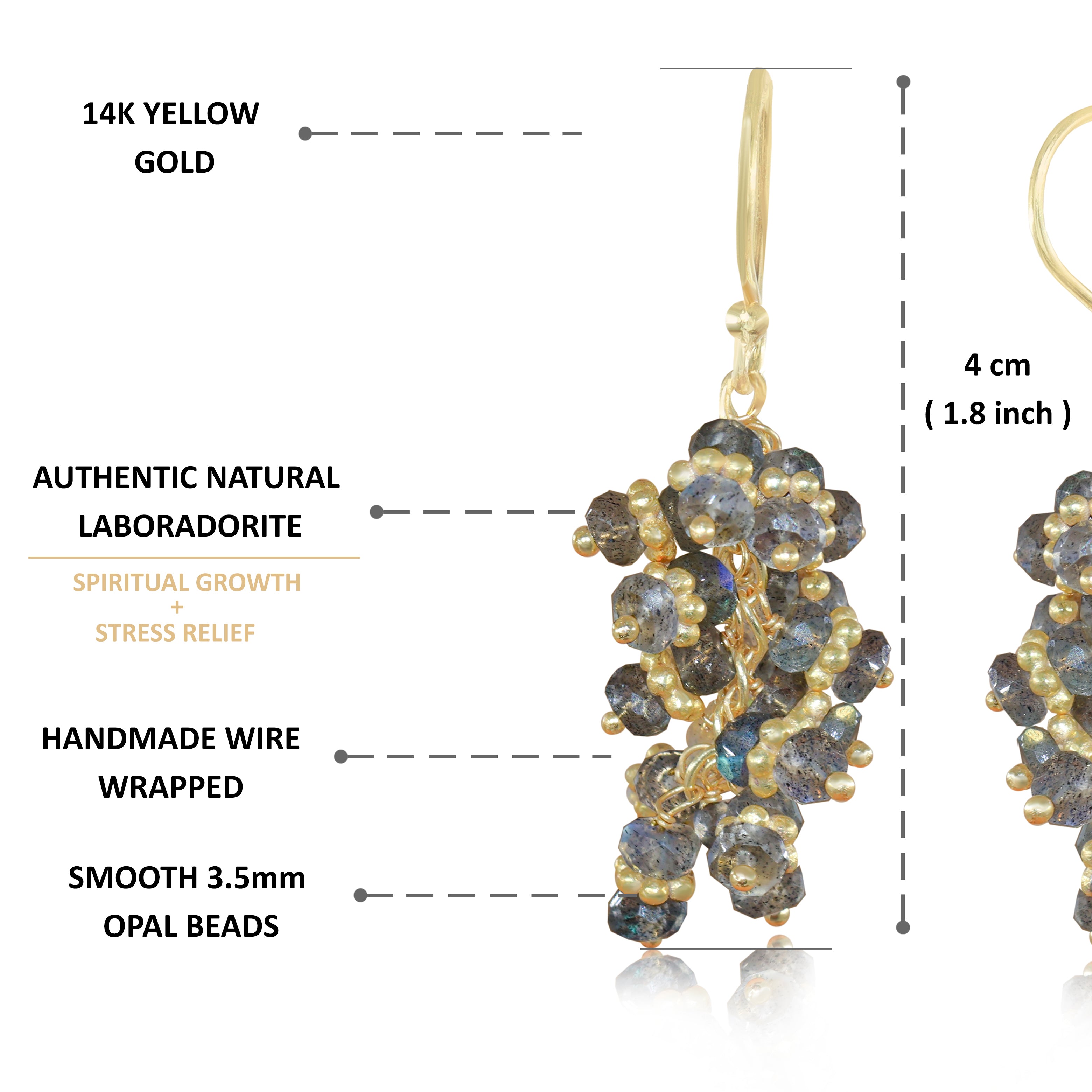 Genuine Labradorite Beads Chakri Style Cluster Earrings