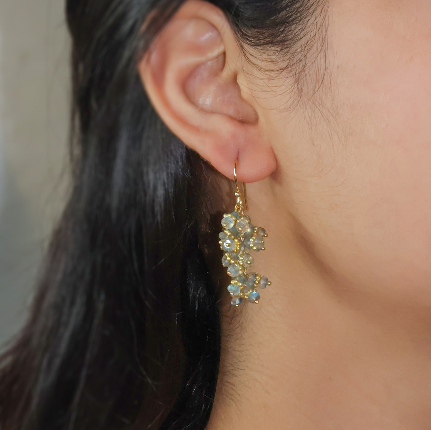 Genuine Labradorite Beads Chakri Style Cluster Earrings