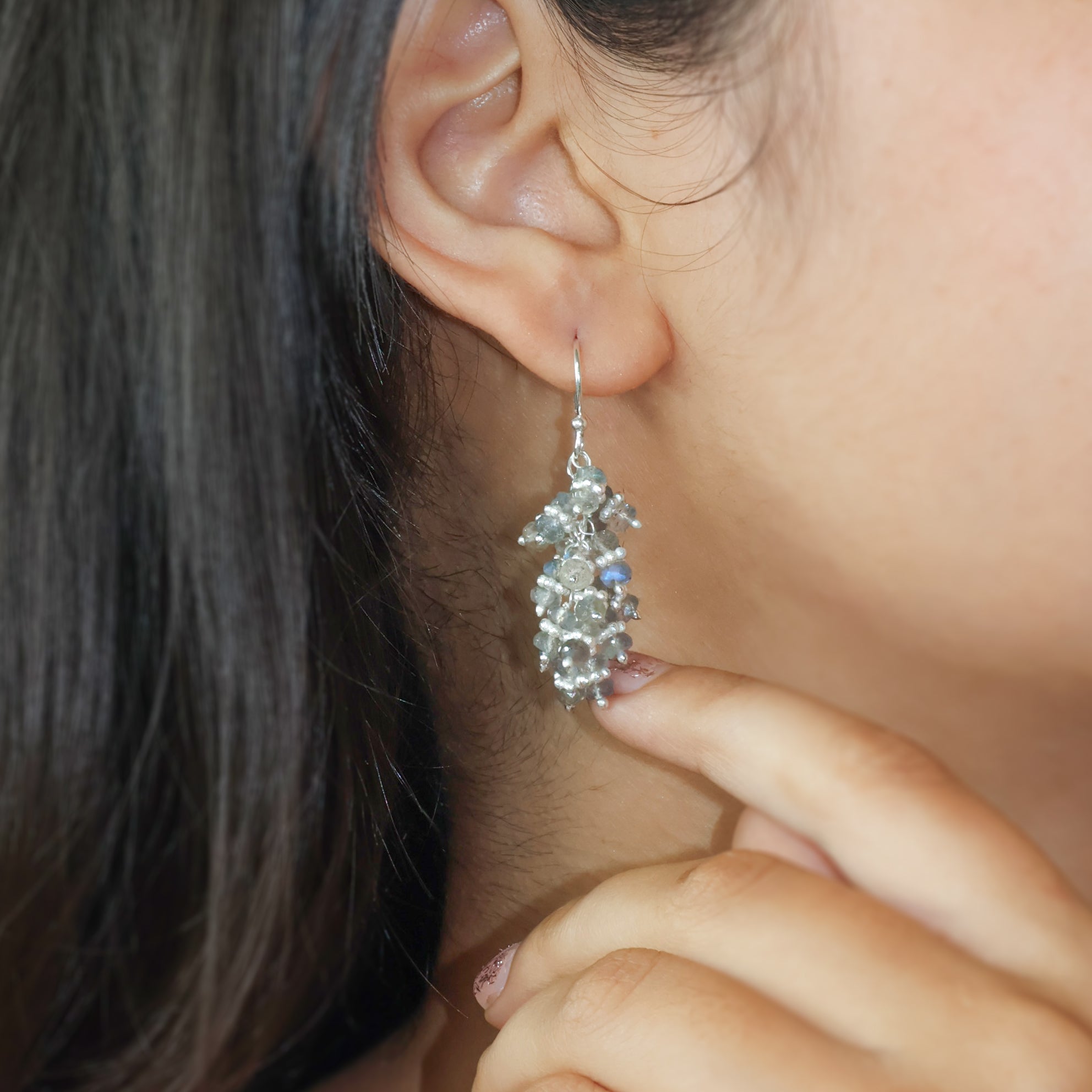 Genuine Labradorite Beads Chakri Style Cluster Earrings
