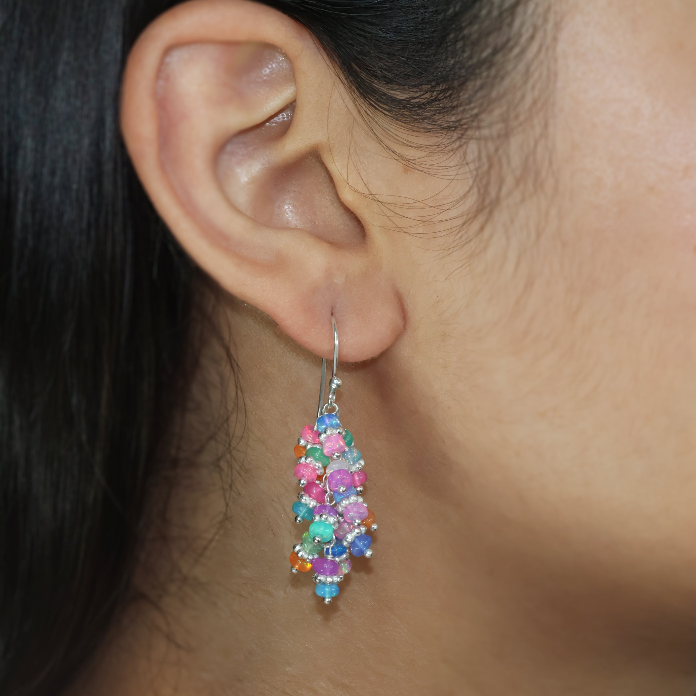 Multi Fire Opal Beads Chakri Style Cluster Earrings