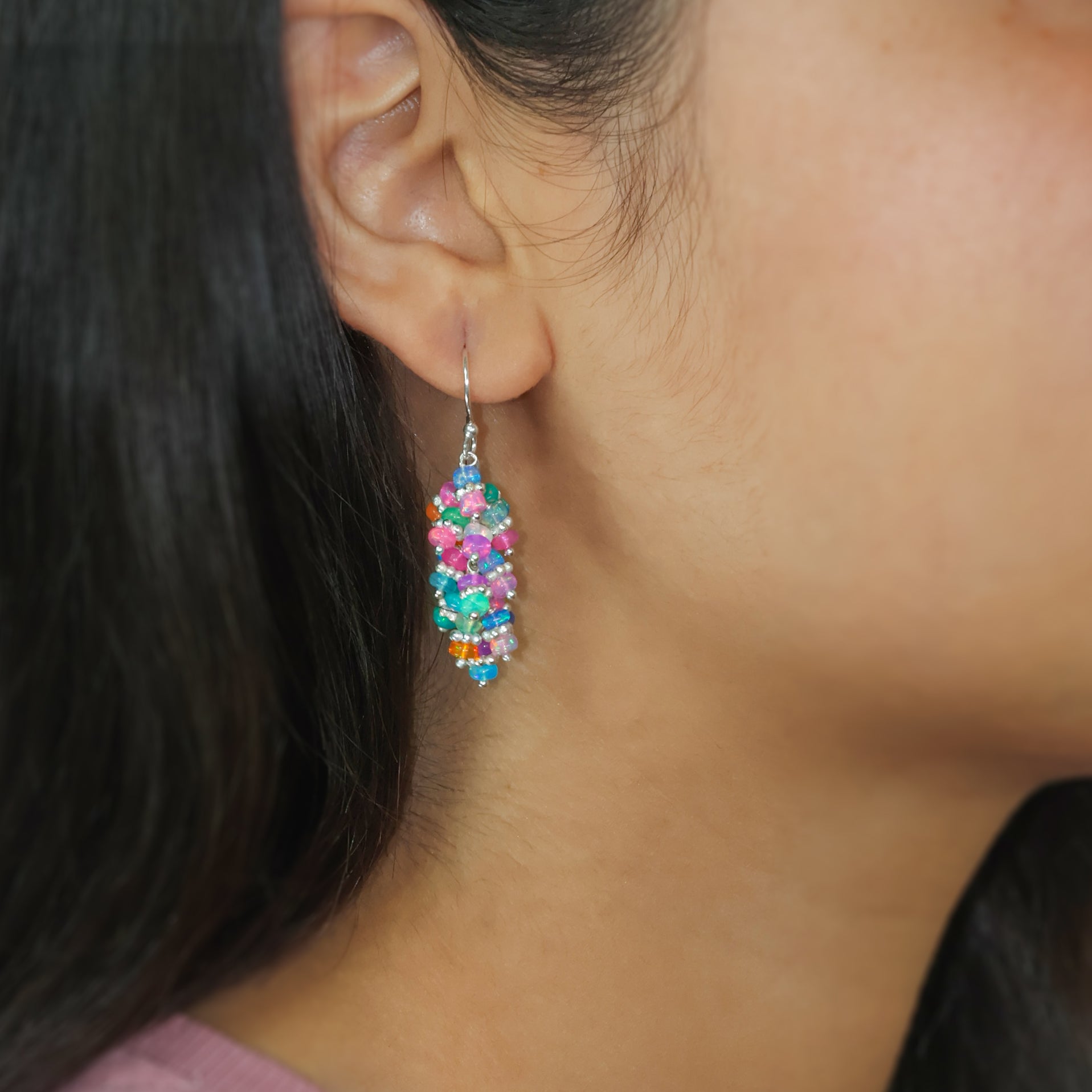 Multi Fire Opal Beads Chakri Style Cluster Earrings