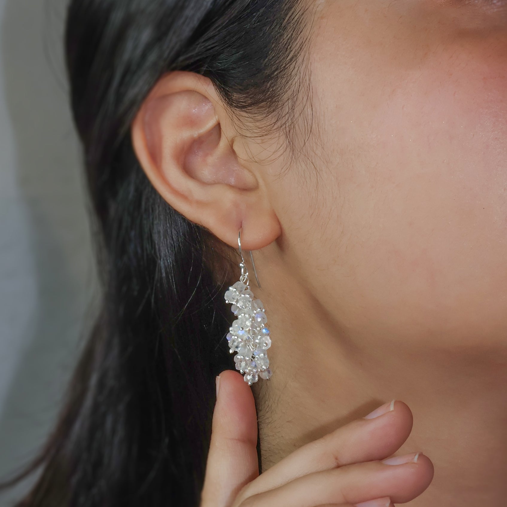 Rainbow Moonstone Beads Chakri Style Cluster Earrings