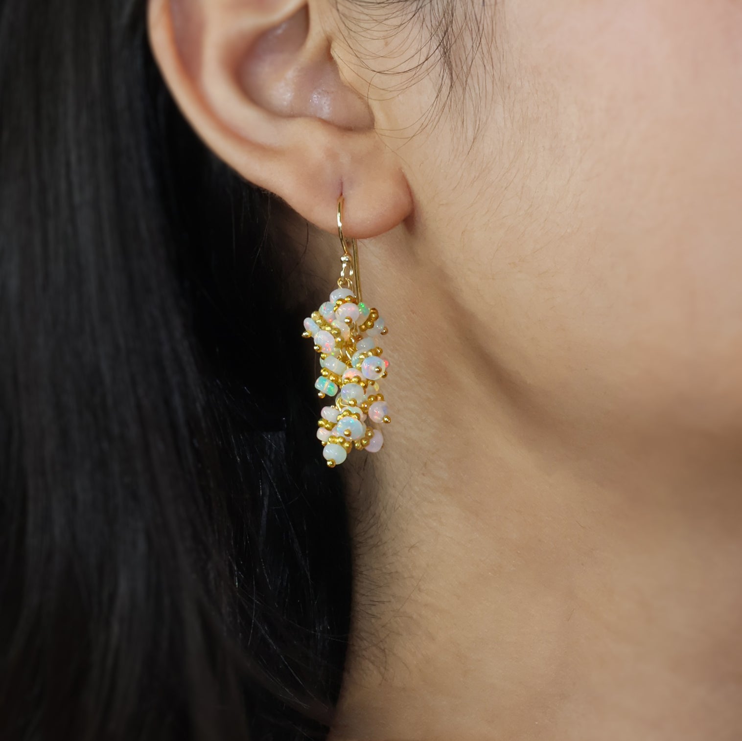 Ethiopian White Opal Beads Chakri Style Cluster Earrings