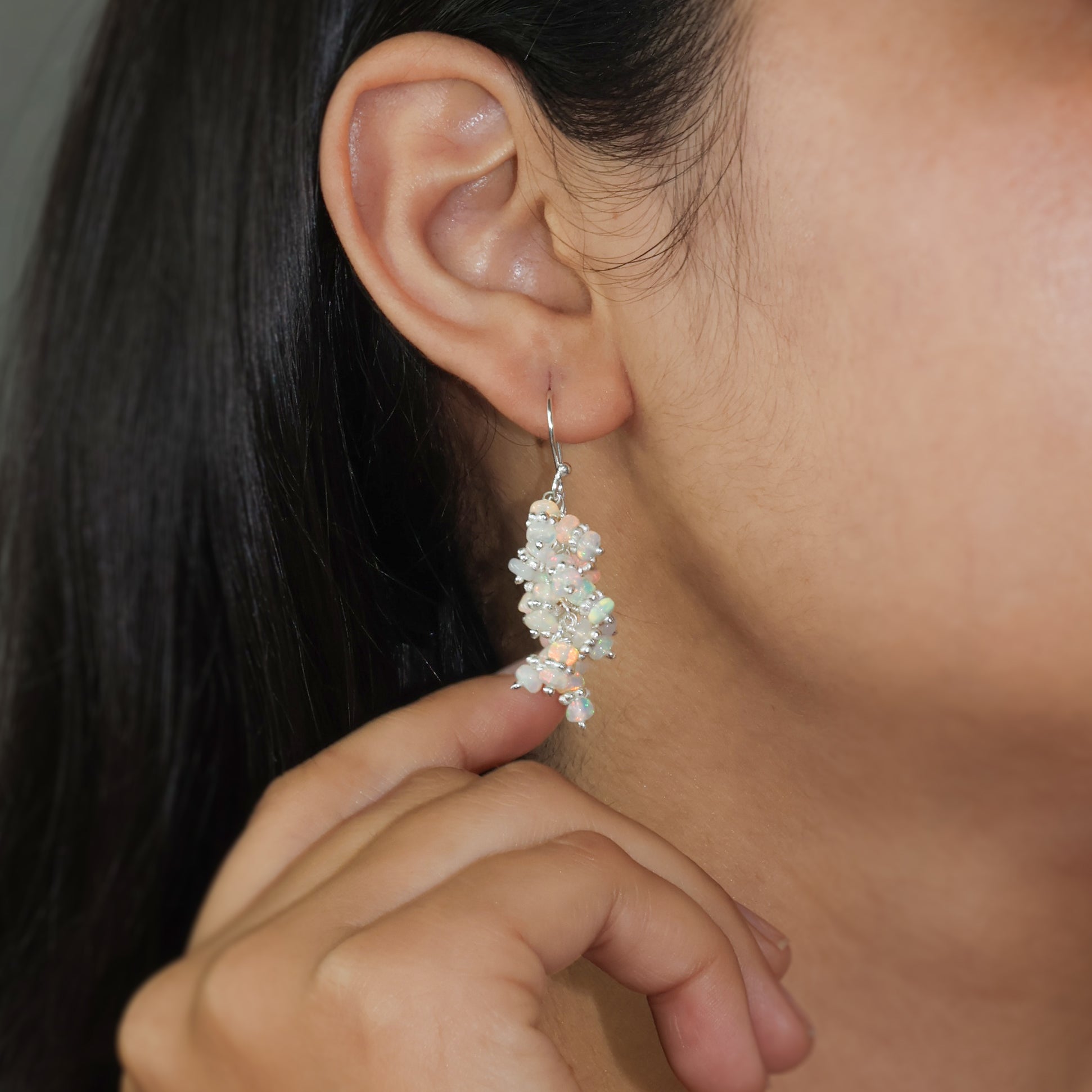 Ethiopian White Opal Beads Chakri Style Cluster Earrings