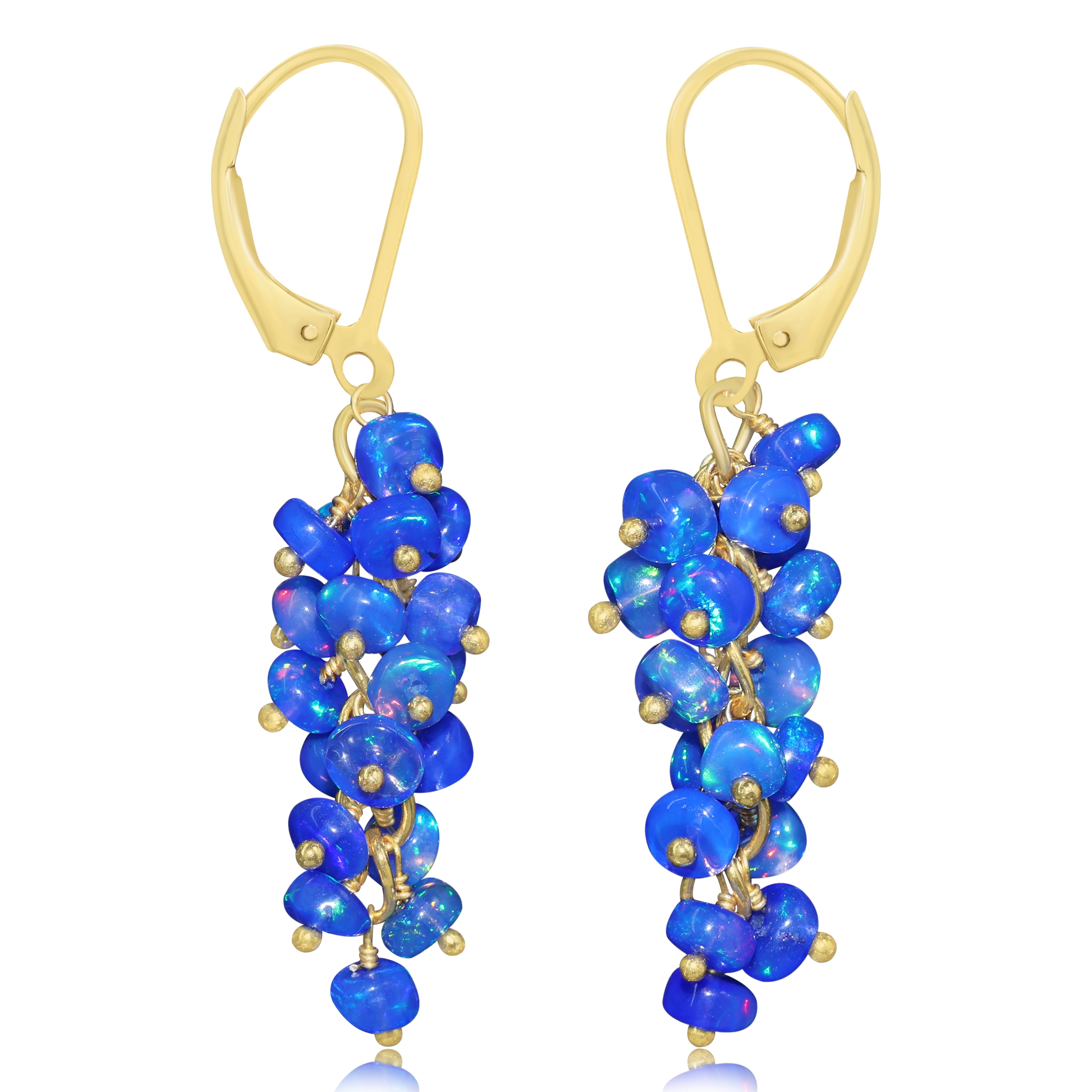 Fire Blue Opal Smooth Beads Cluster Earrings for Her