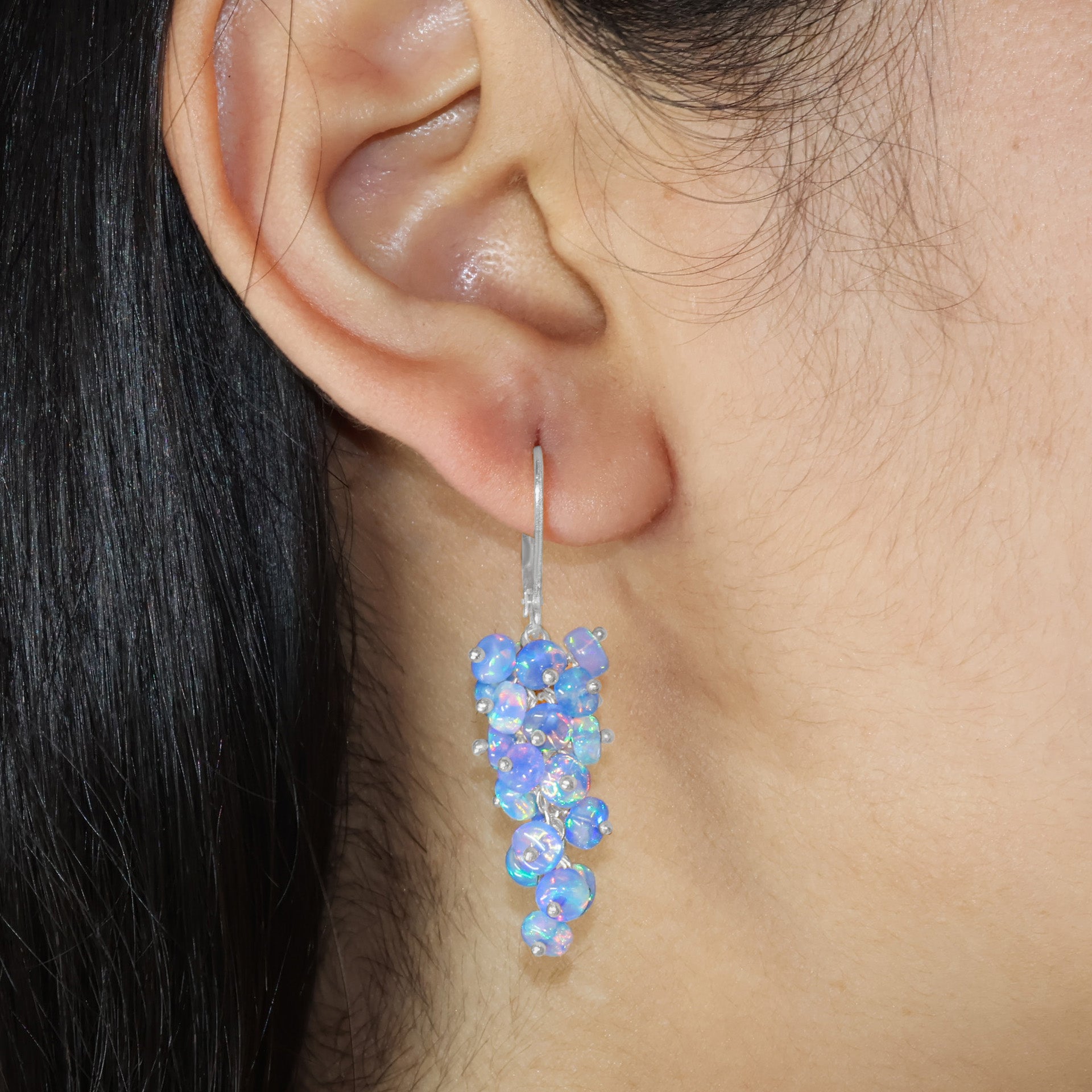 Fire Blue Opal Smooth Beads Cluster Earrings for Her