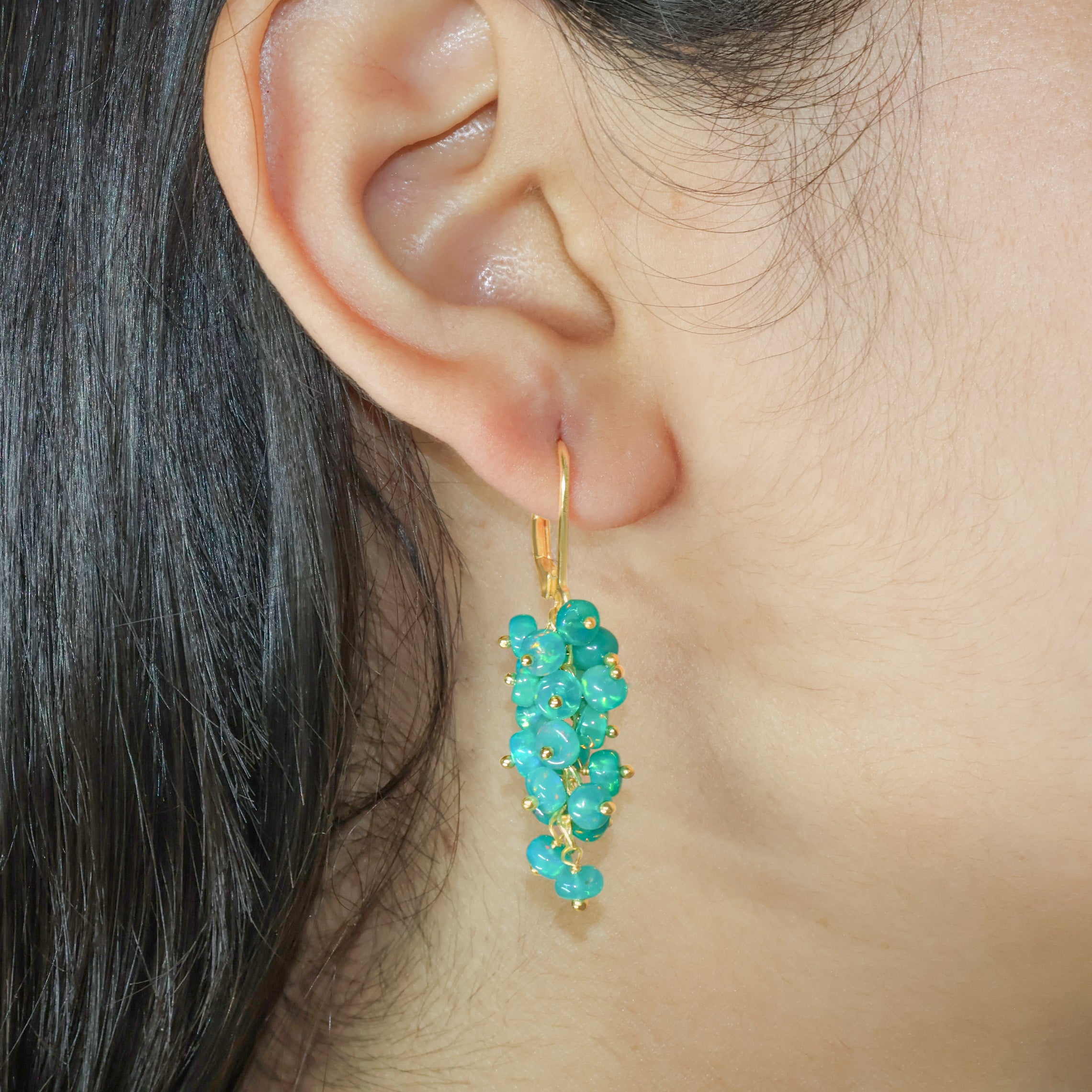 Genuine Green Opal Smooth Beads Cluster Earrings for Her