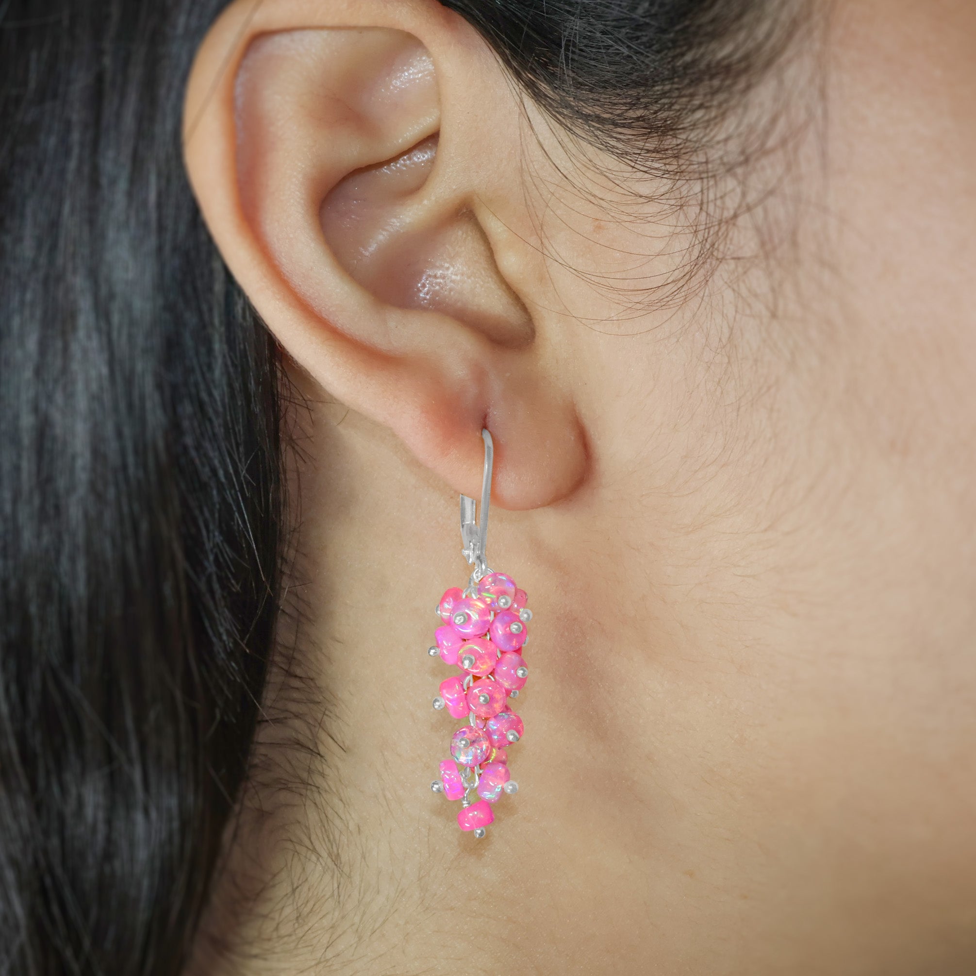 Natural Pink Opal Smooth Beads Cluster Earrings for Her