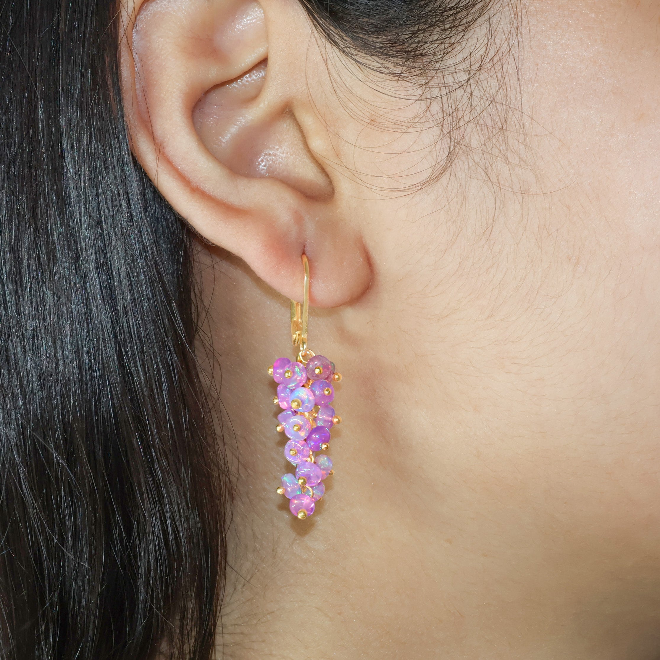 Fire Purple Opal Smooth Beads Cluster Earrings for Her