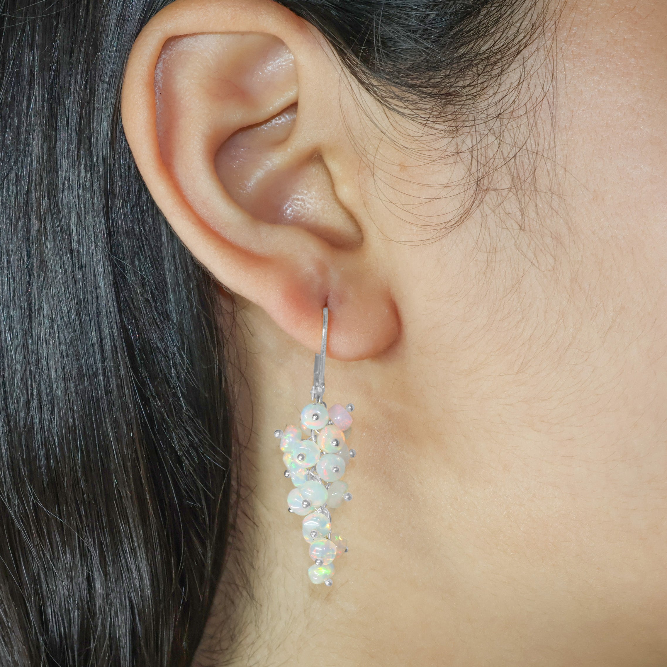 Ethiopian White Opal Smooth Beads Cluster Earrings for Her