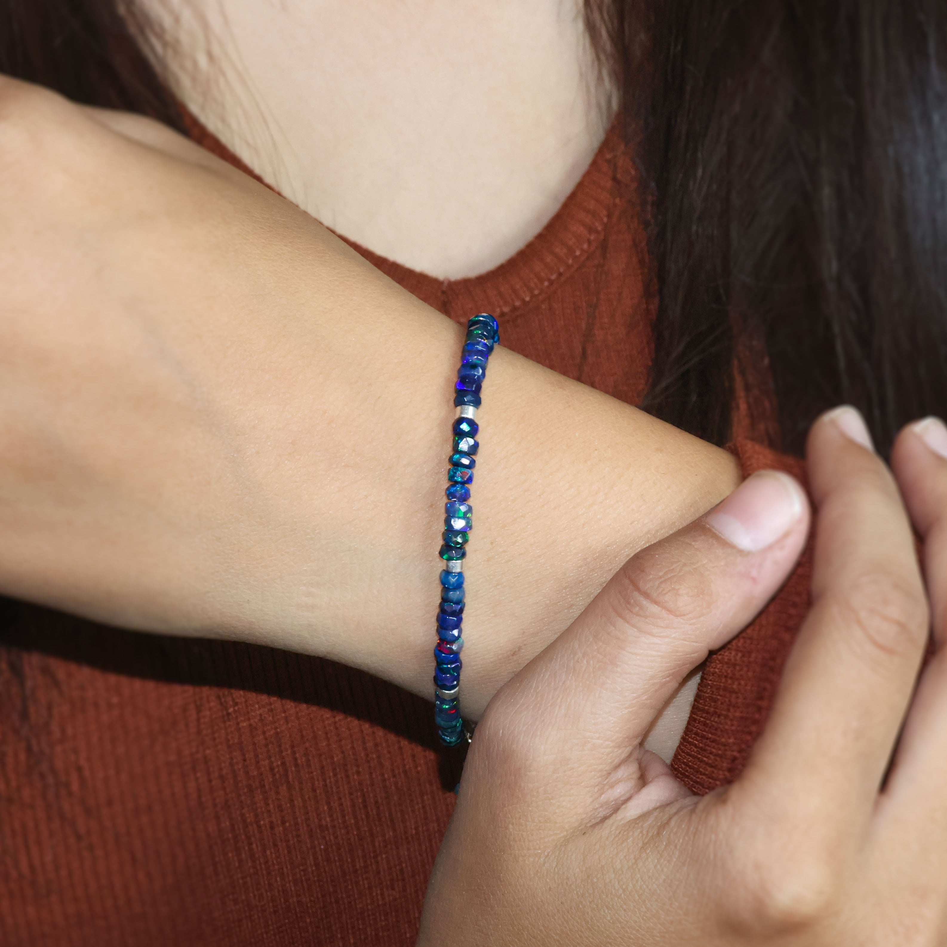 Faceted Separator Natural Black Opal Beaded Bracelet