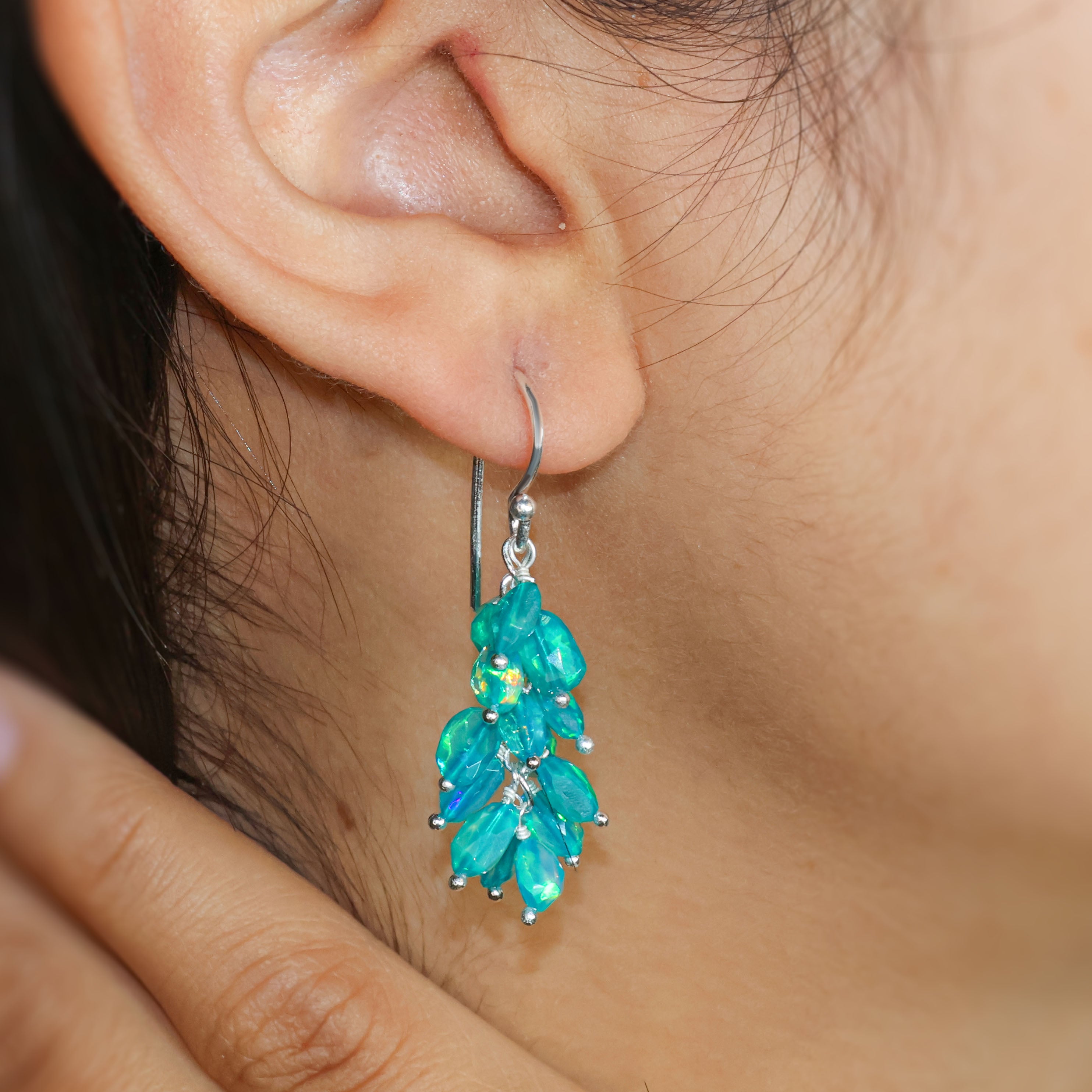 Faceted Tumble Natural Green Opal Beaded Cluster Earrings