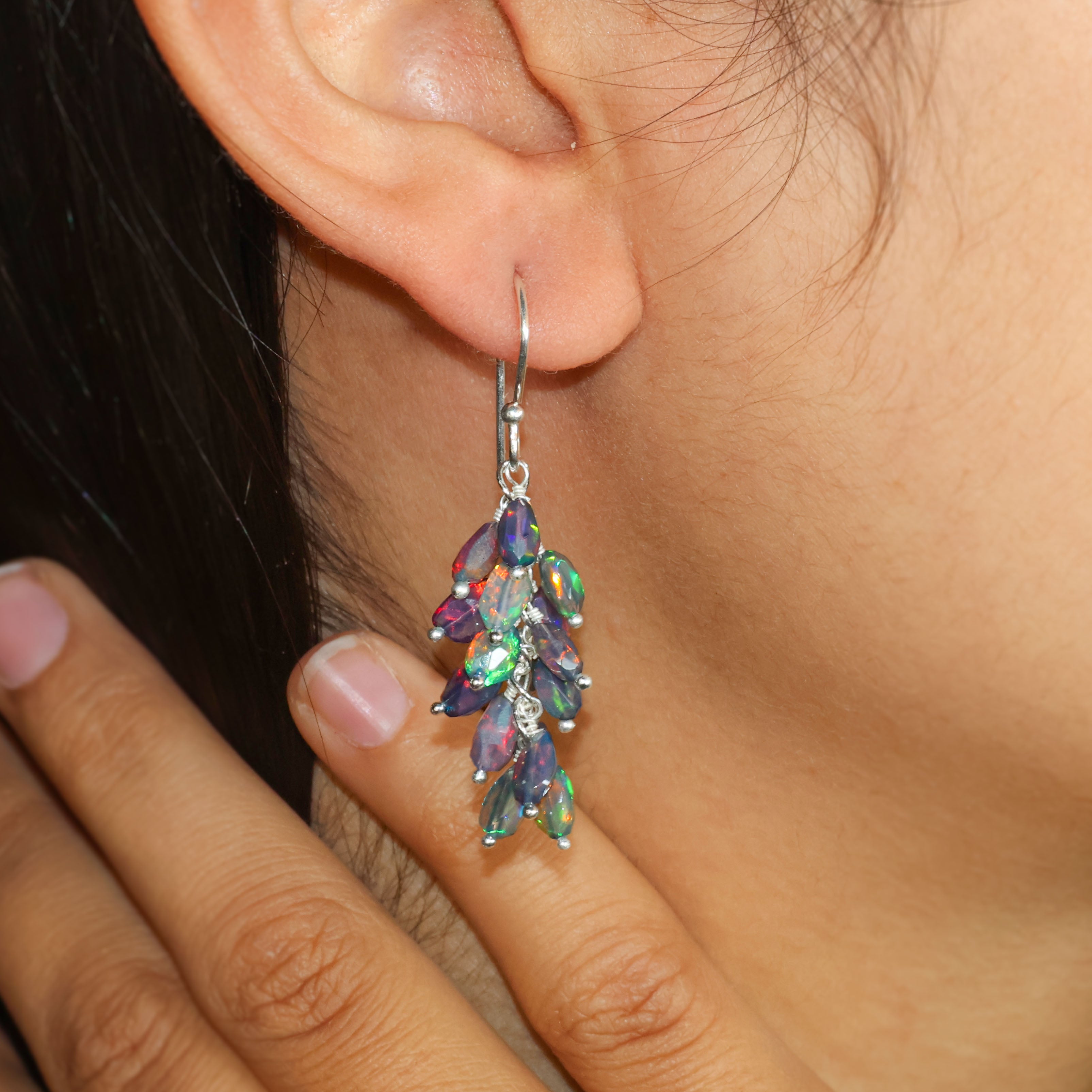 Faceted Tumble Natural Black Opal Beaded Cluster Earrings