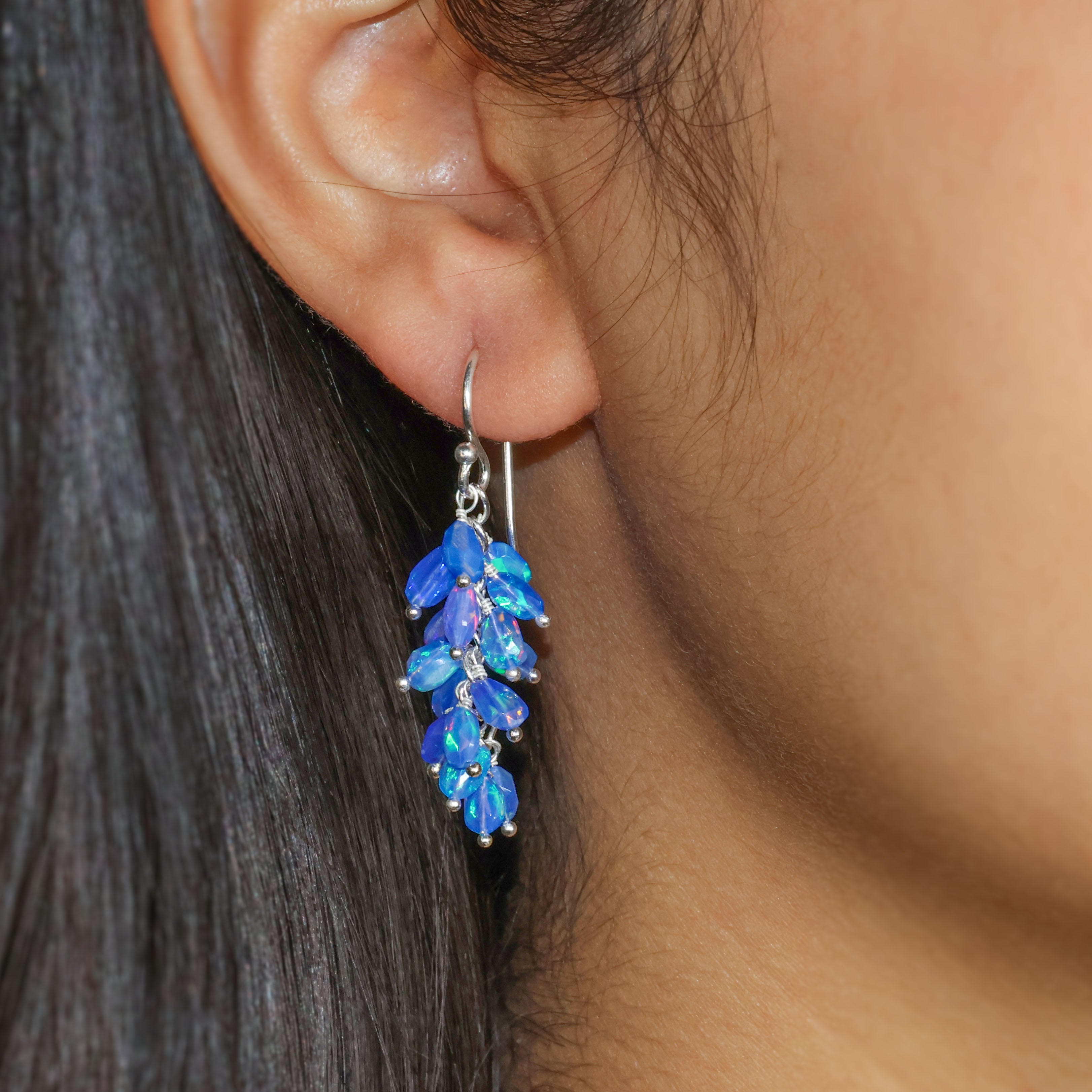 Faceted Tumble Natural Blue Opal Beaded Cluster Earrings