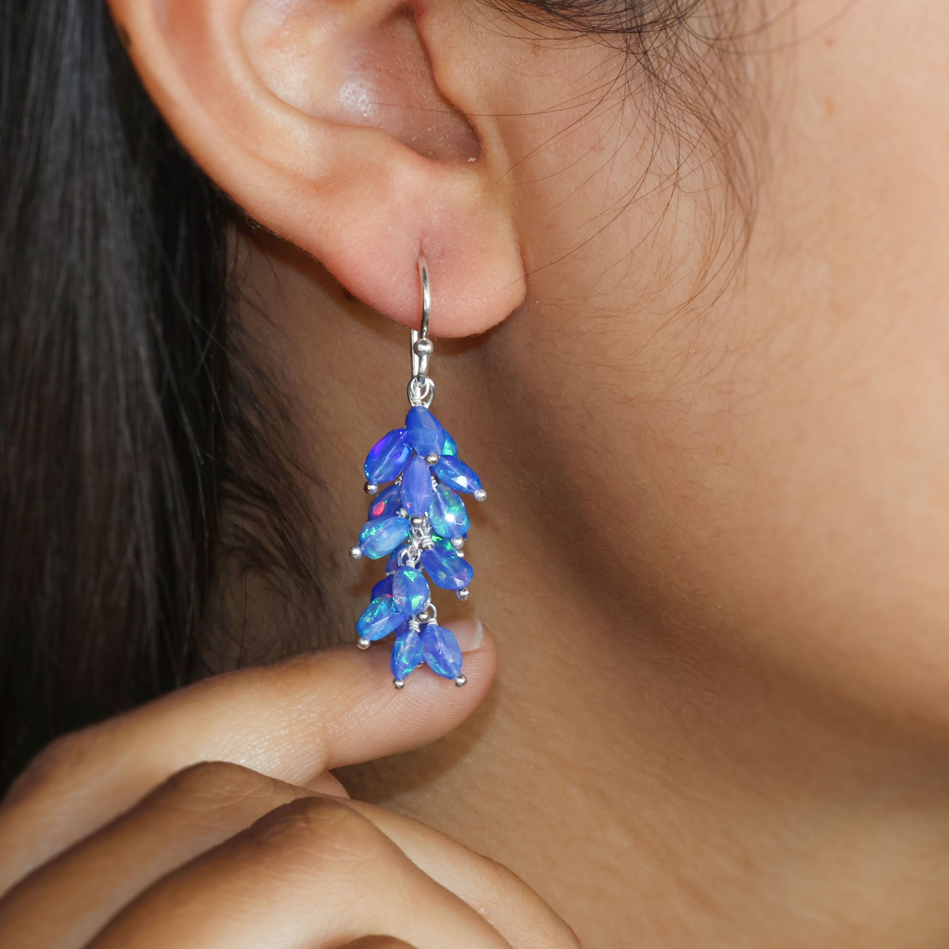 Faceted Tumble Natural Blue Opal Beaded Cluster Earrings