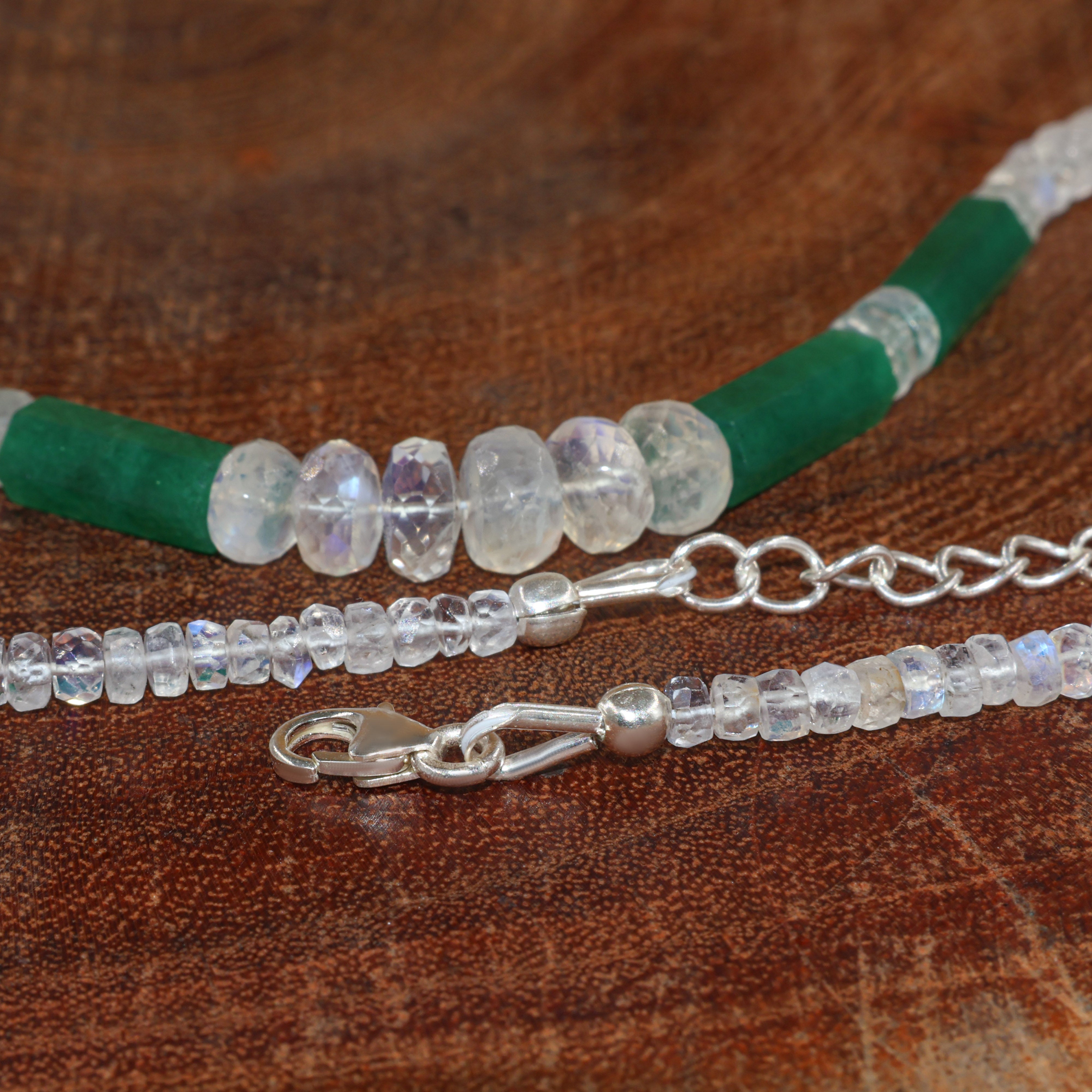 Beaded Pencil Necklace Natural Moonstone and Emerald