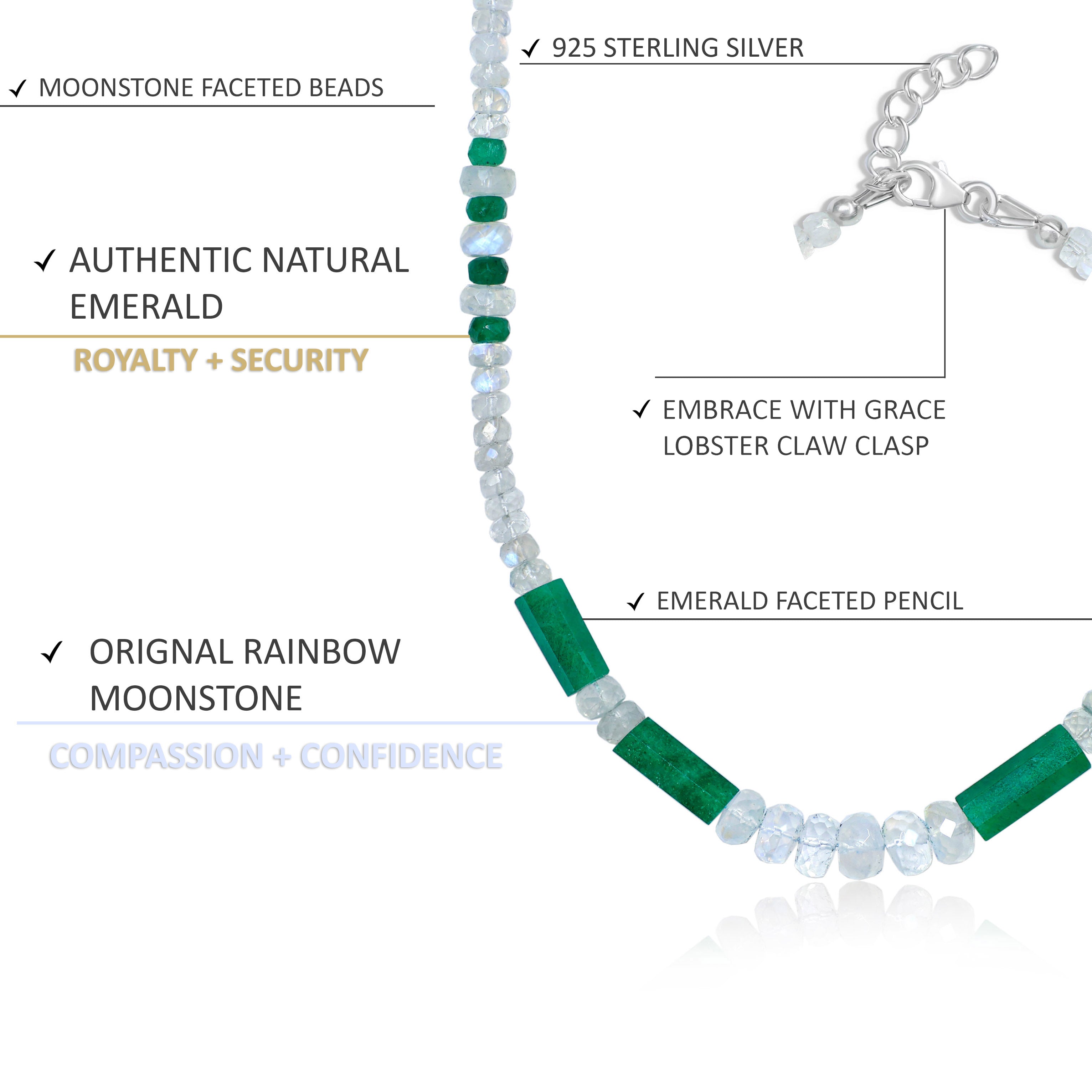Beaded Pencil Necklace Natural Moonstone and Emerald