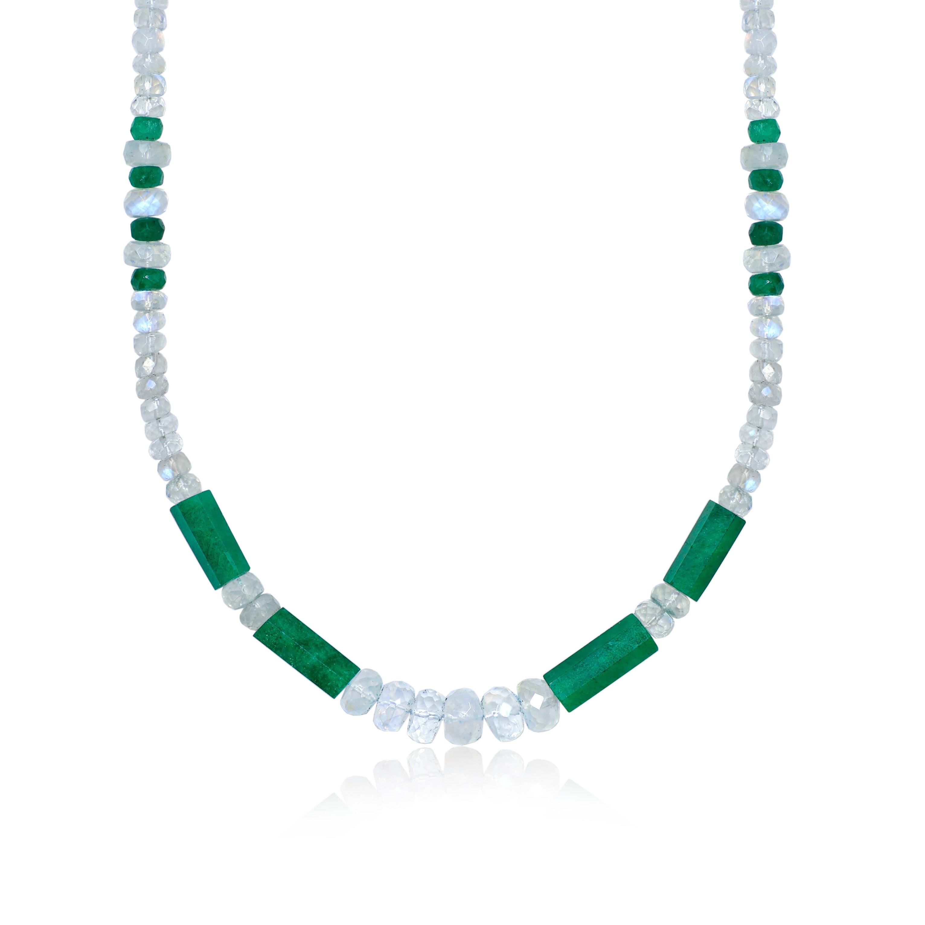 Beaded Pencil Necklace Natural Moonstone and Emerald