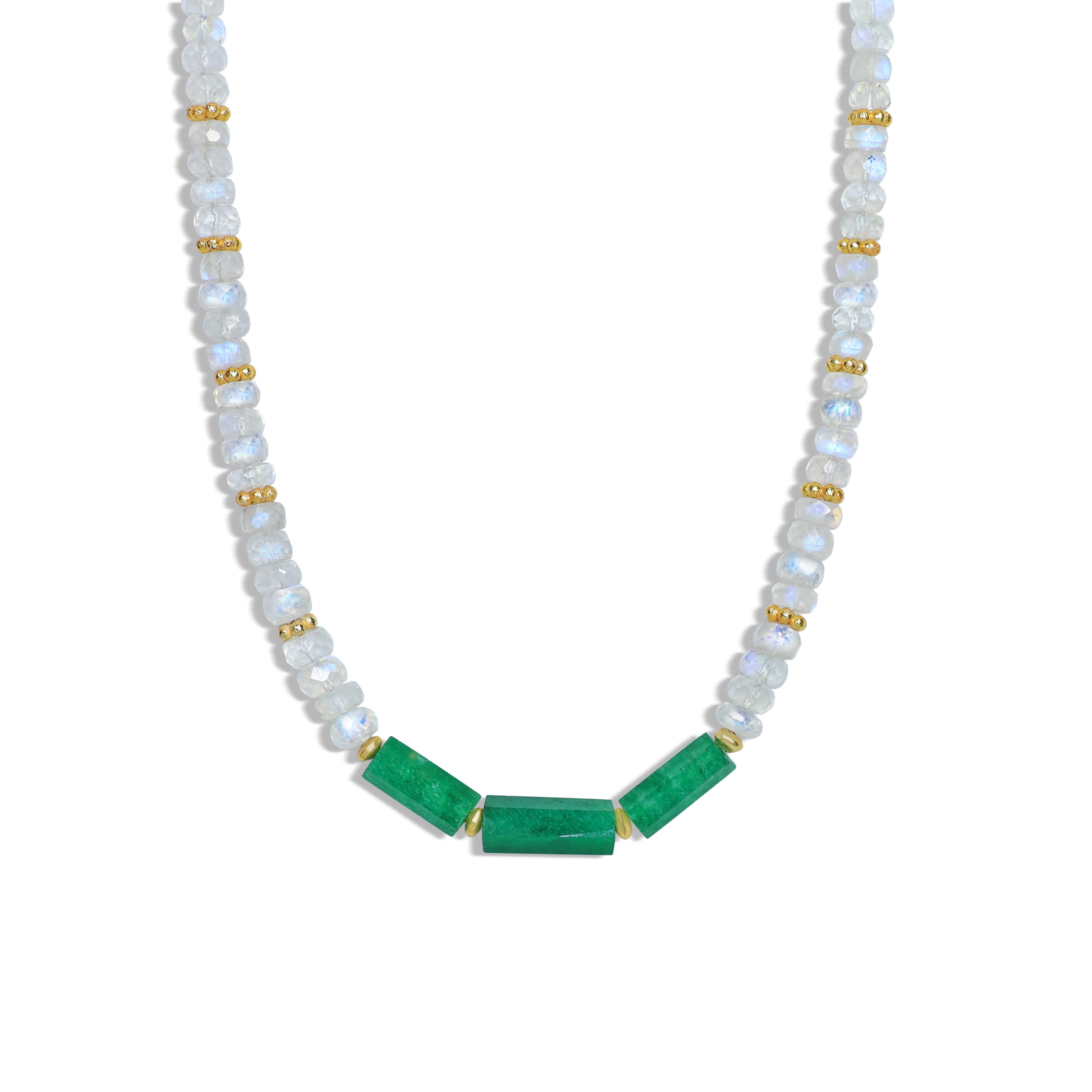 3 Pencil Beaded Necklace Natural Moonstone and Emerald