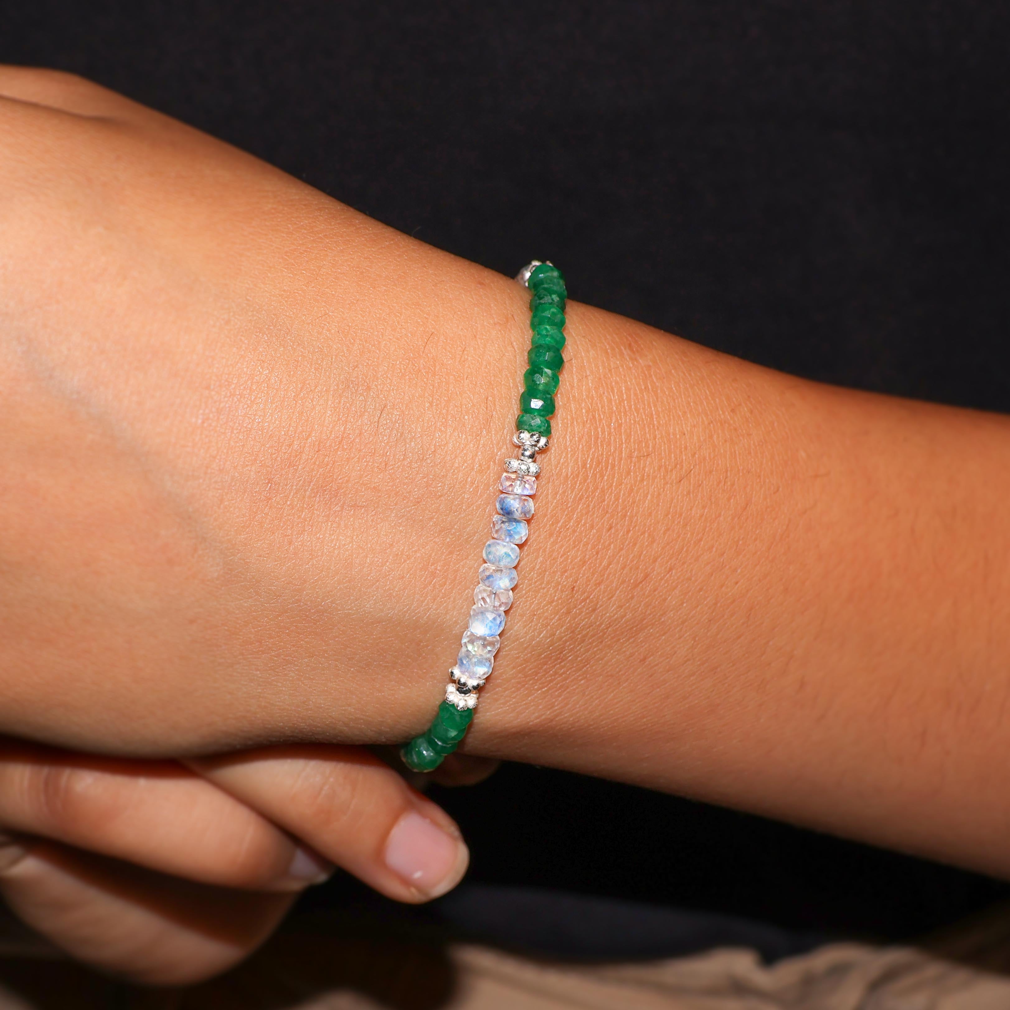 Natural Moonstone and Emerald Beaded Bracelet