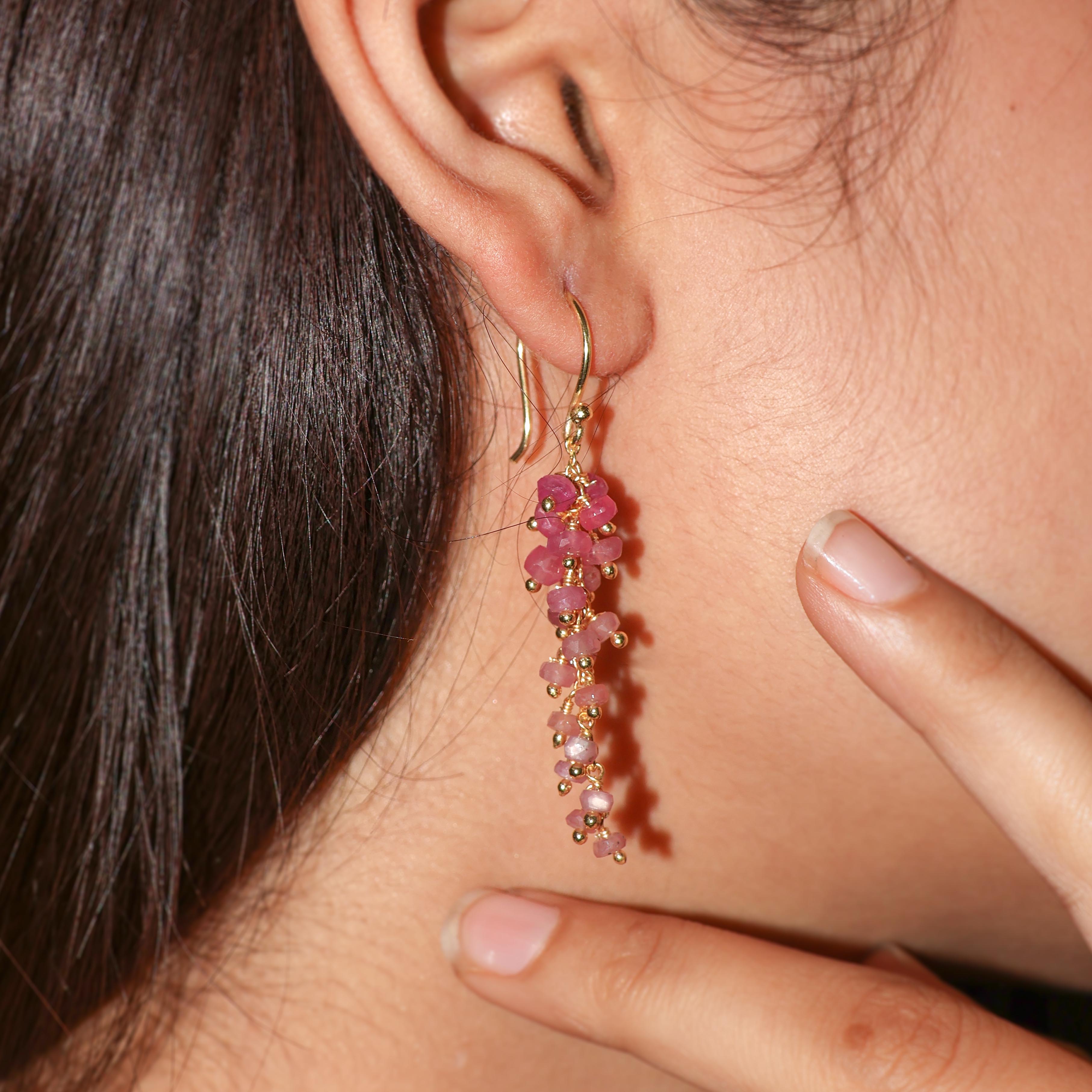 Natural Ruby Beaded Long Cluster Dangle Earrings