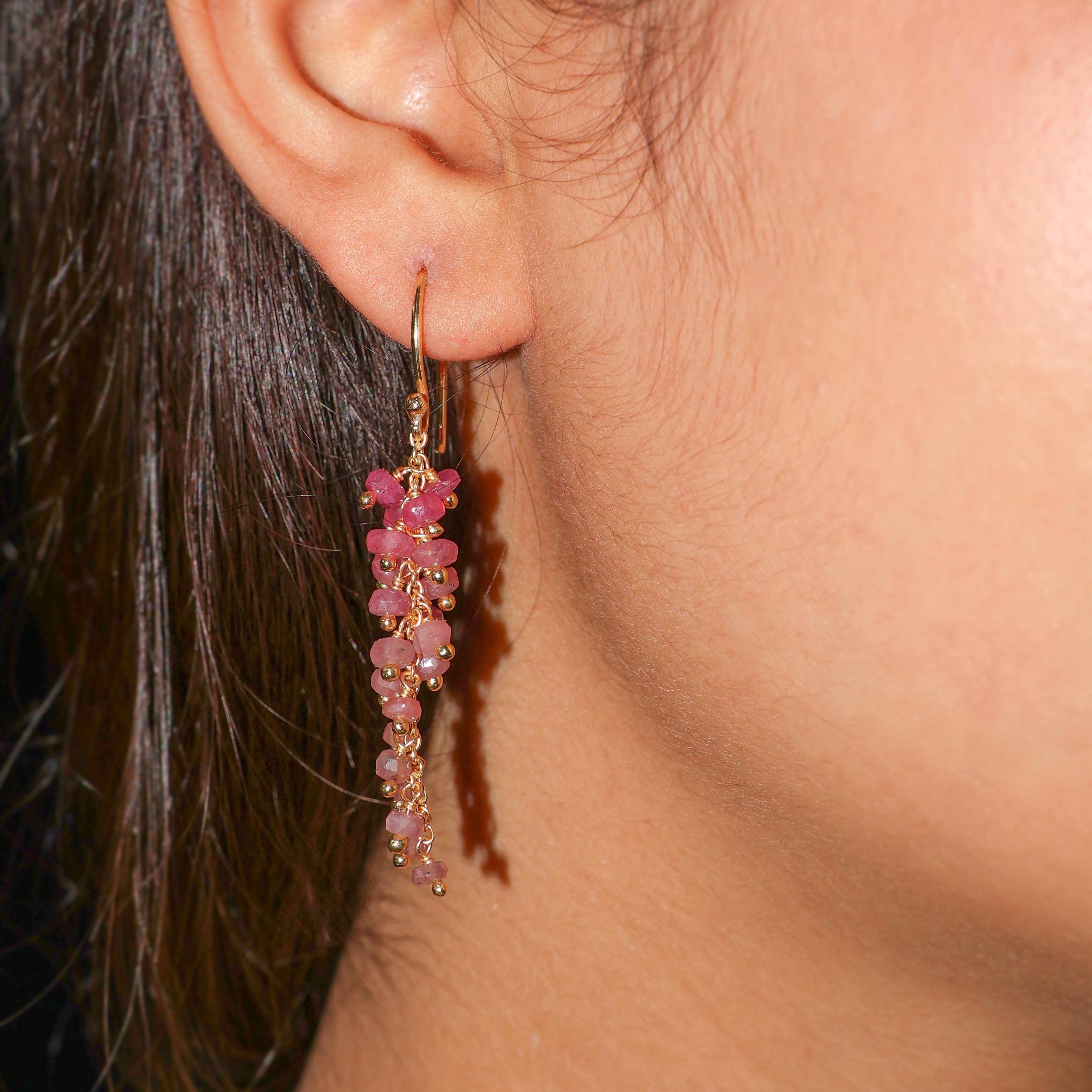 Natural Ruby Beaded Long Cluster Dangle Earrings