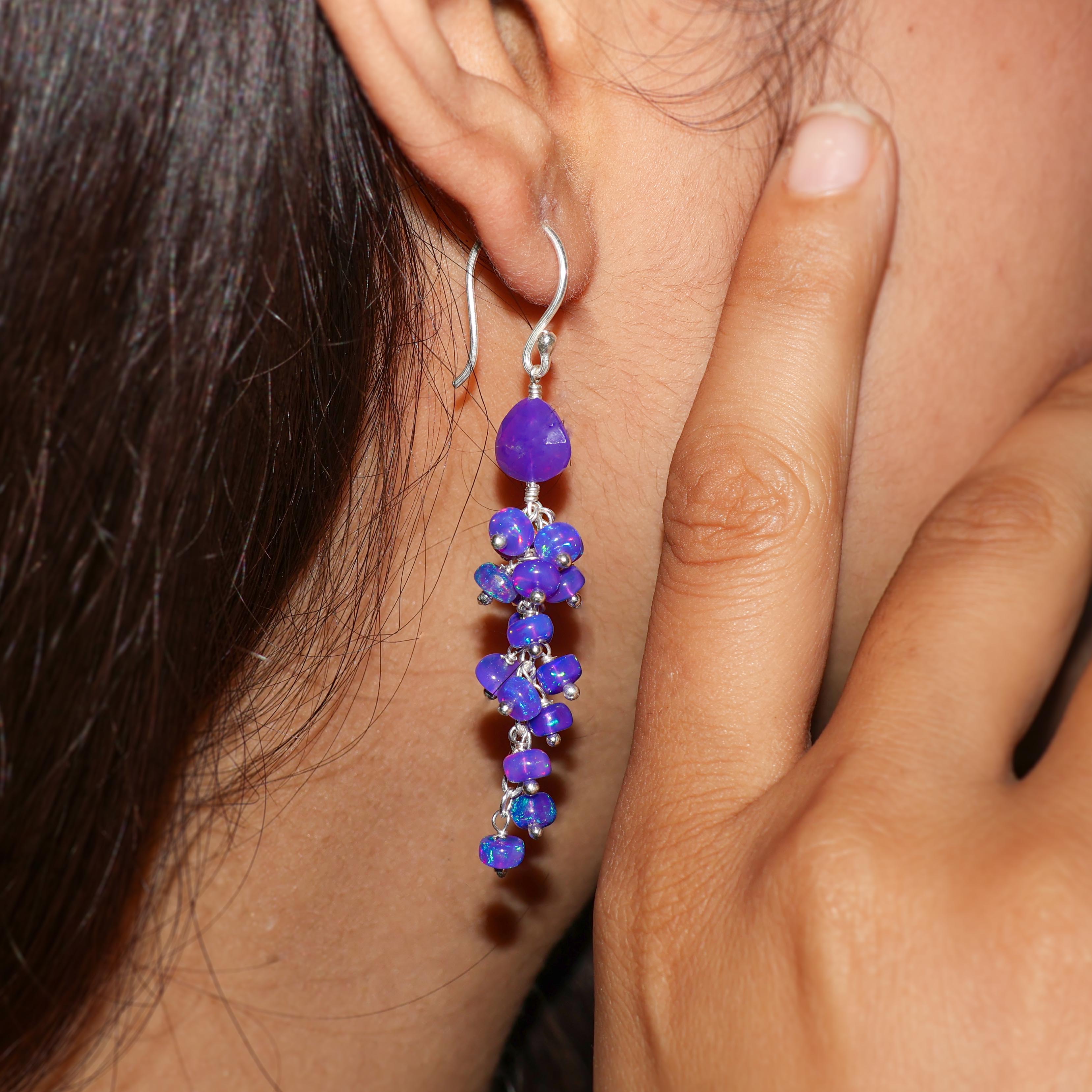 Lavender fire opal beaded with tumble cluster earrings