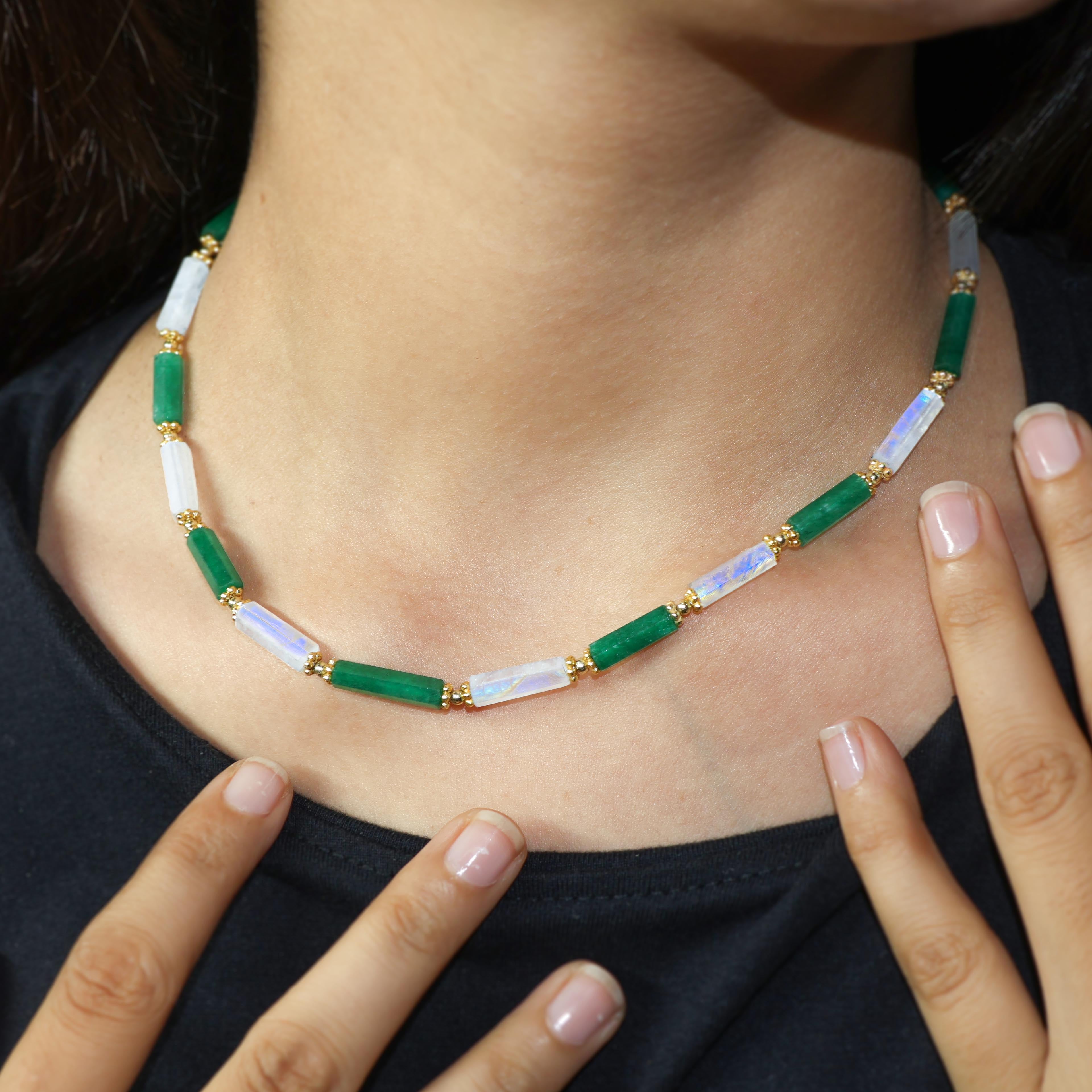 Natural Moonstone & Emerald Pencil Necklace
