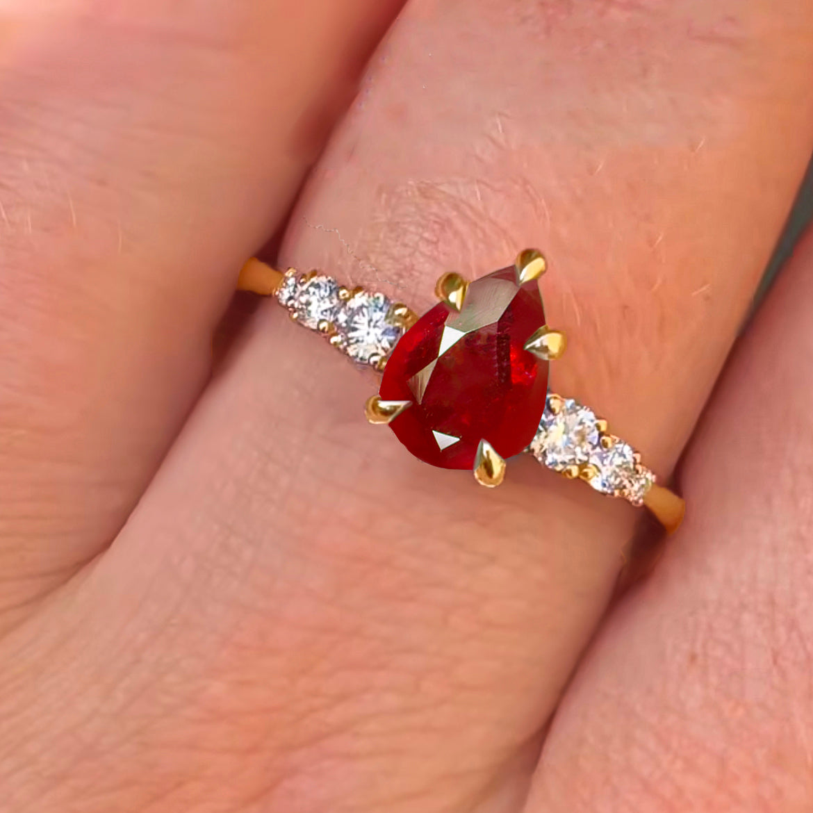 Natural Red Ruby Faceted Pear Ring