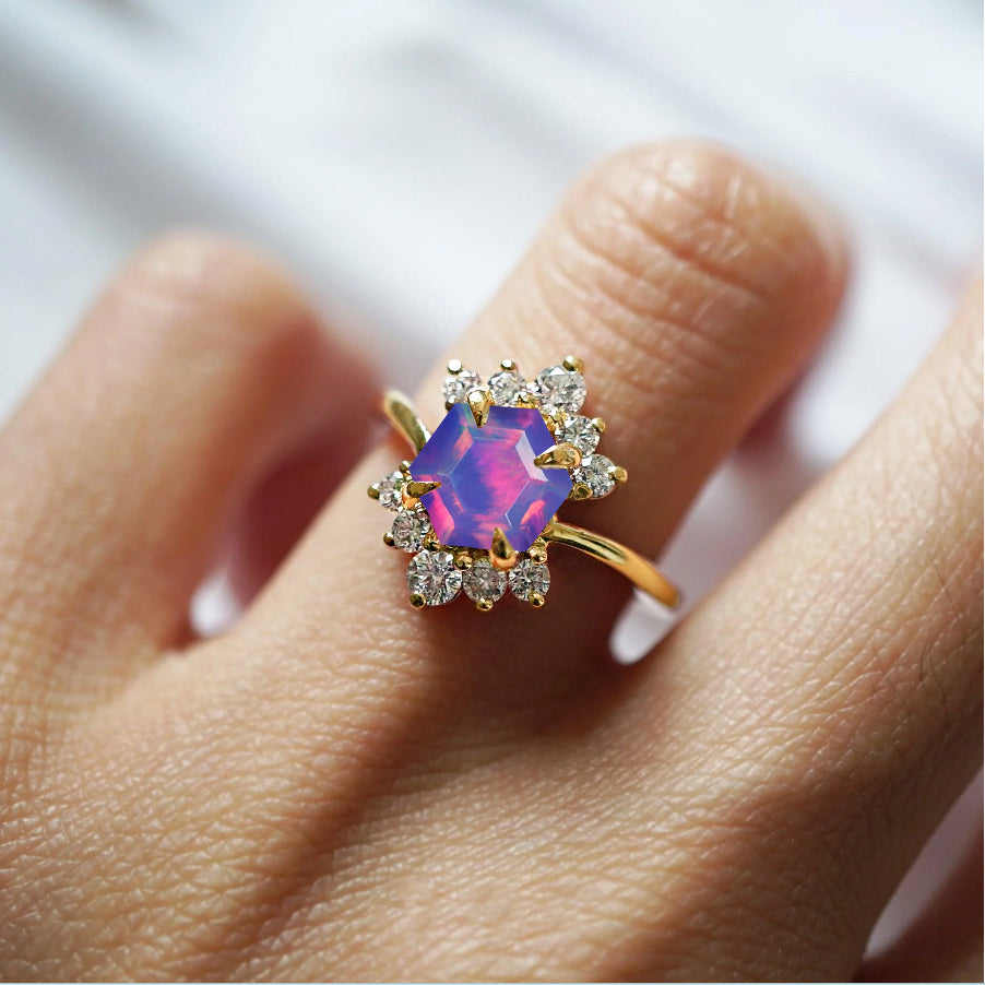 Natural Lavender Opal Hexagon Gemstone Ring