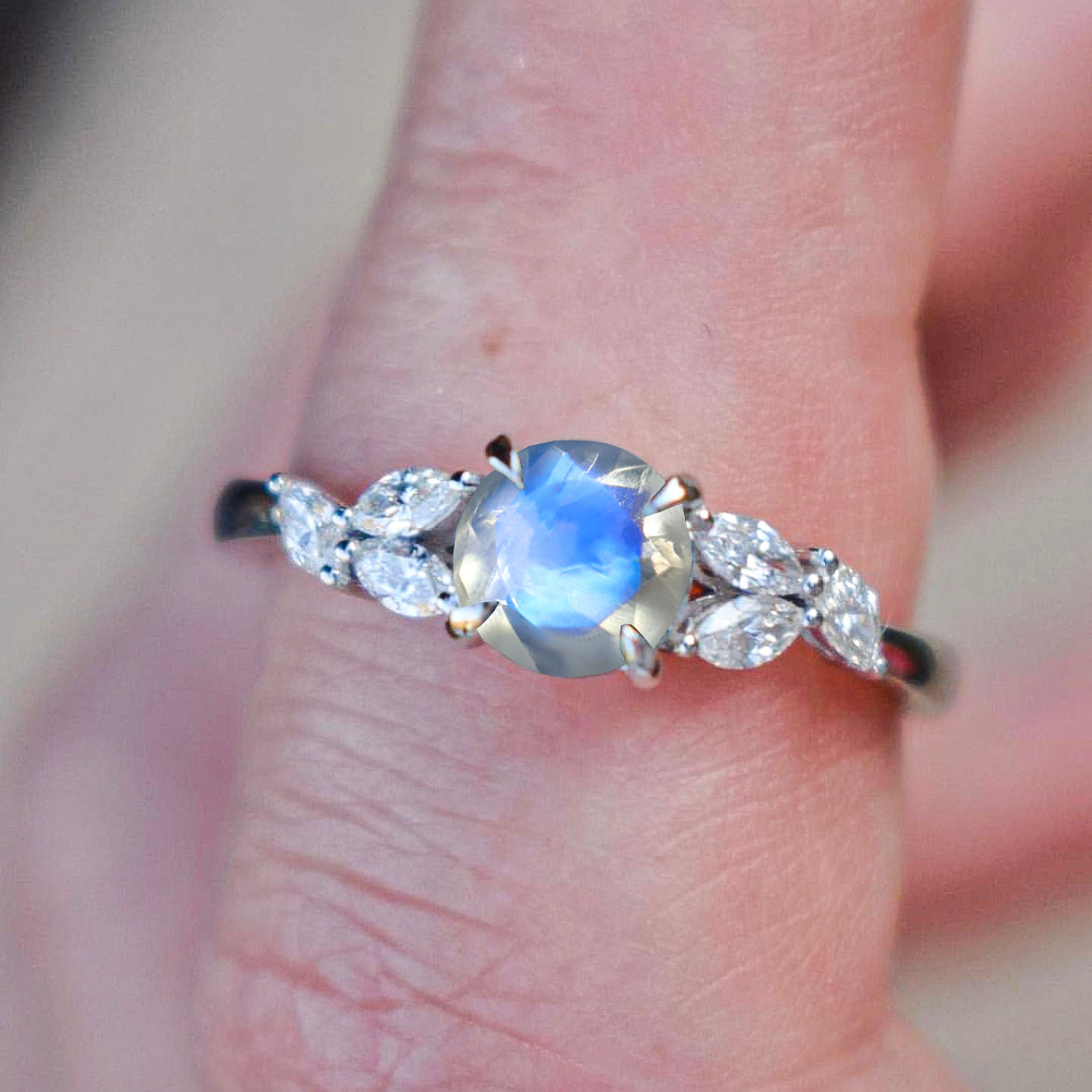 Natural Moonstone Round Stone Statement Ring in Silver & Gold Filled