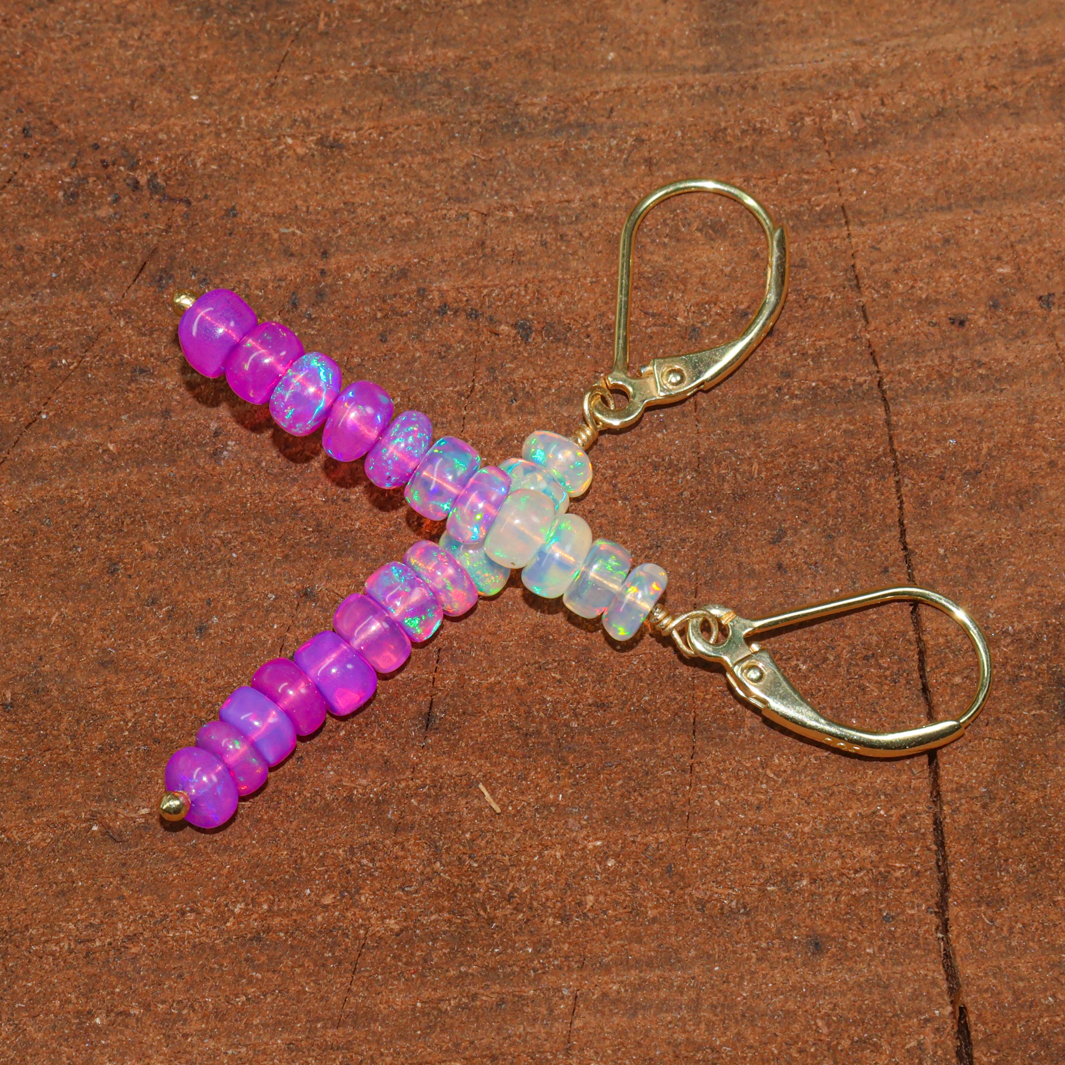 Natural Purple Opal Linear Beaded Dangle Drop Earrings