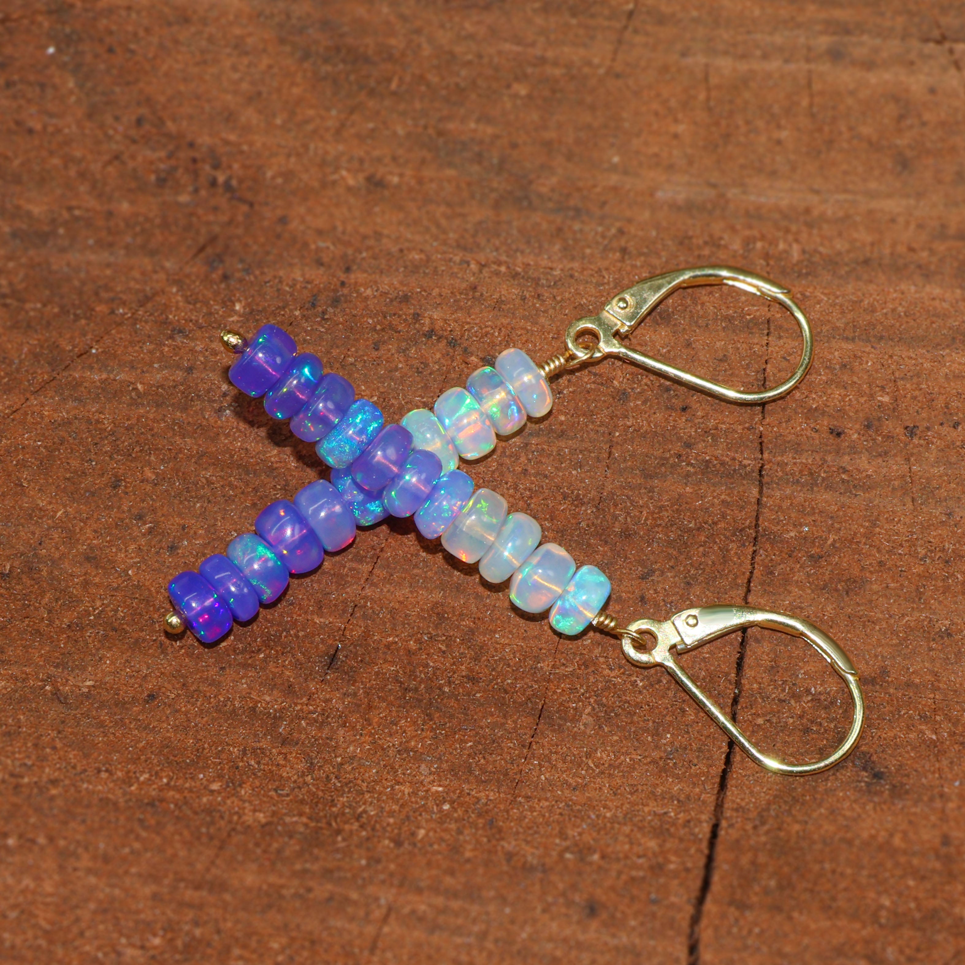 Natural Lavender Opal Linear Beaded Dangle Drop Earrings