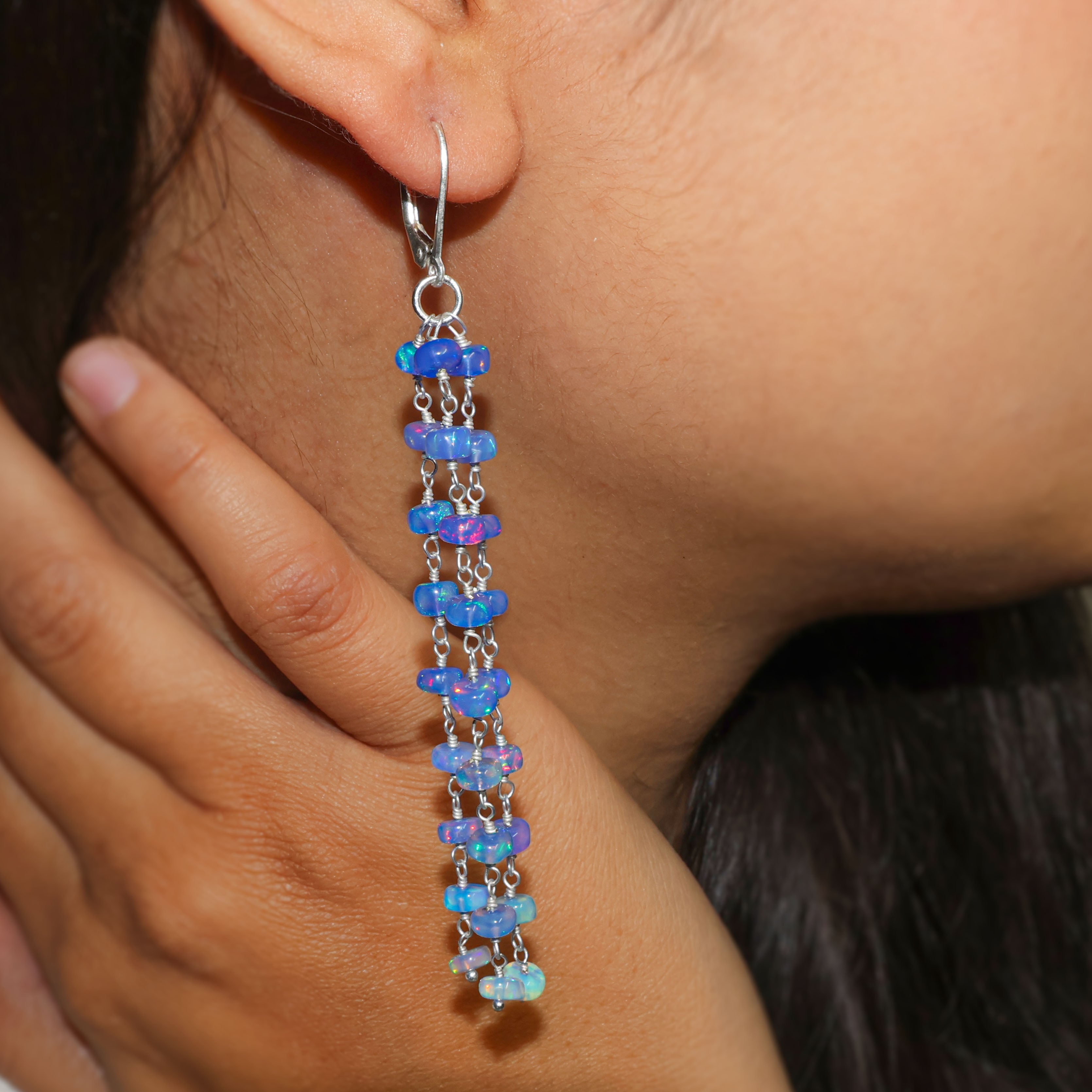 Natural Blue Opal 3 Line Dangle Drop Handmade Earrings