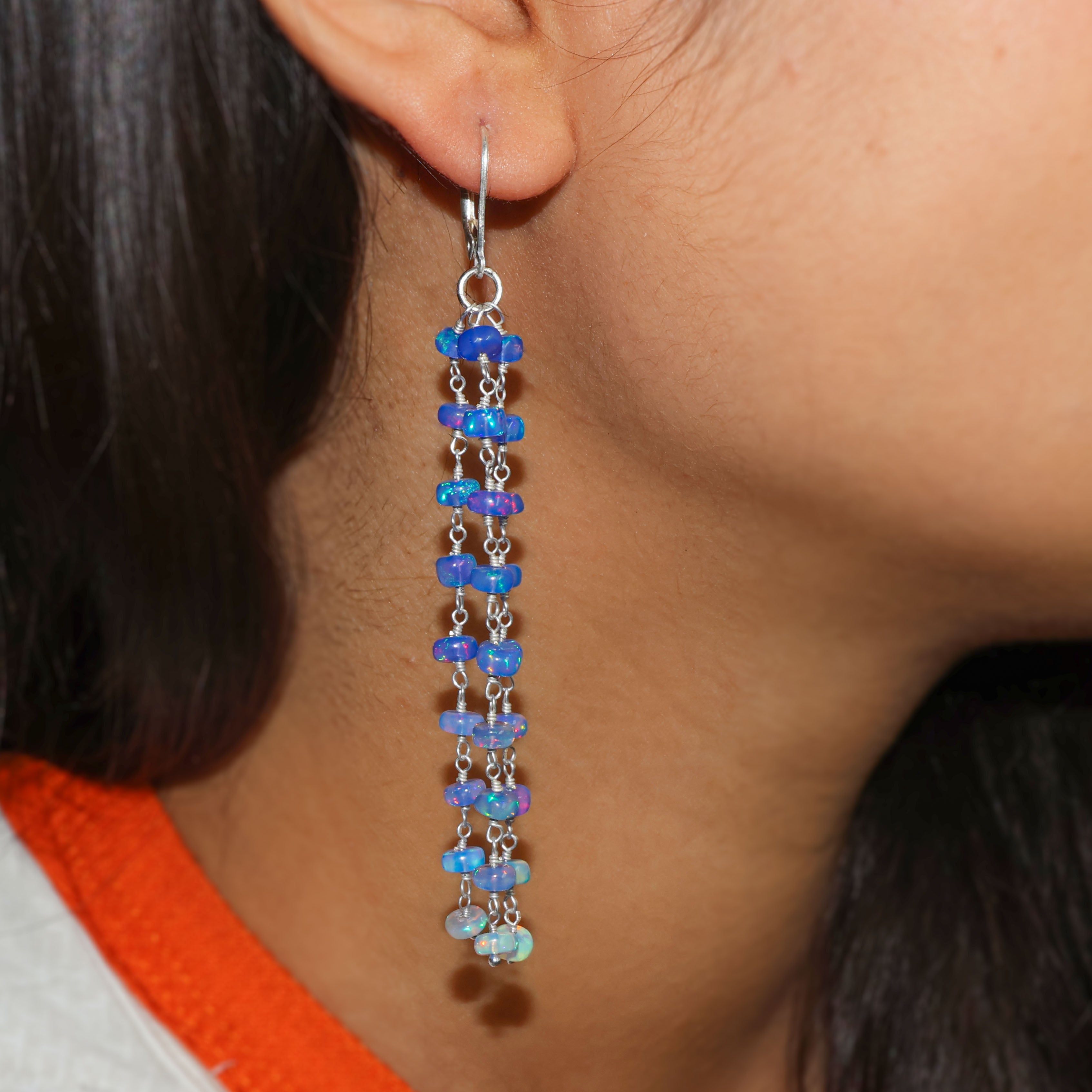 Natural Blue Opal 3 Line Dangle Drop Handmade Earrings
