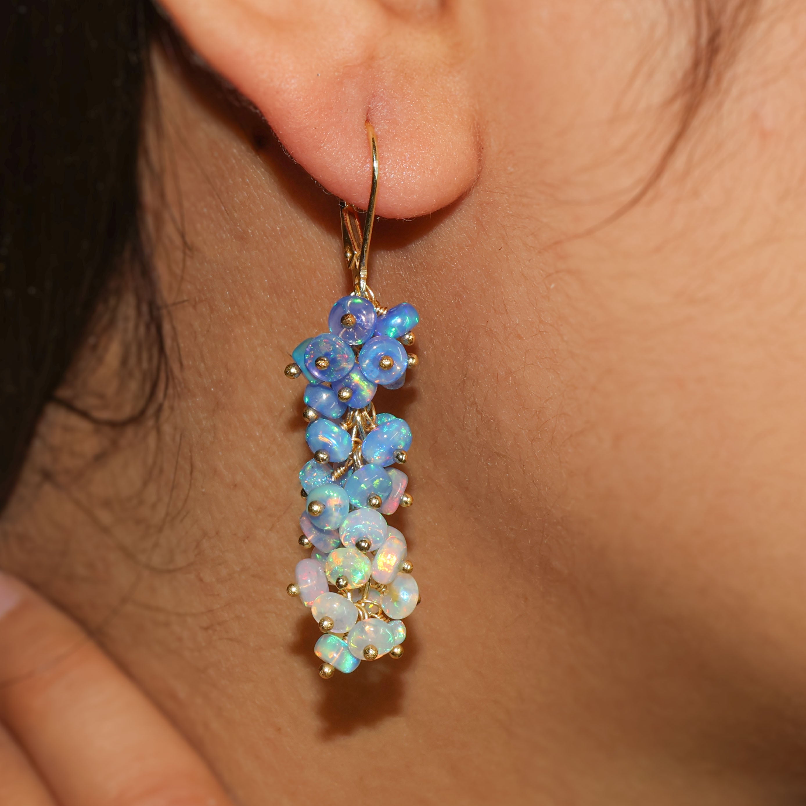 Natural Blue Opal Shaded Beads Cluster Handmade Earrings